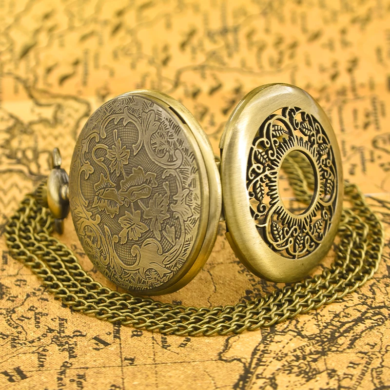 Vintage Bronze Clamshell Openwork Flower Carved Necklace Quartz Pocket Watch Fashion Jewelry Gift For Ladies Gift