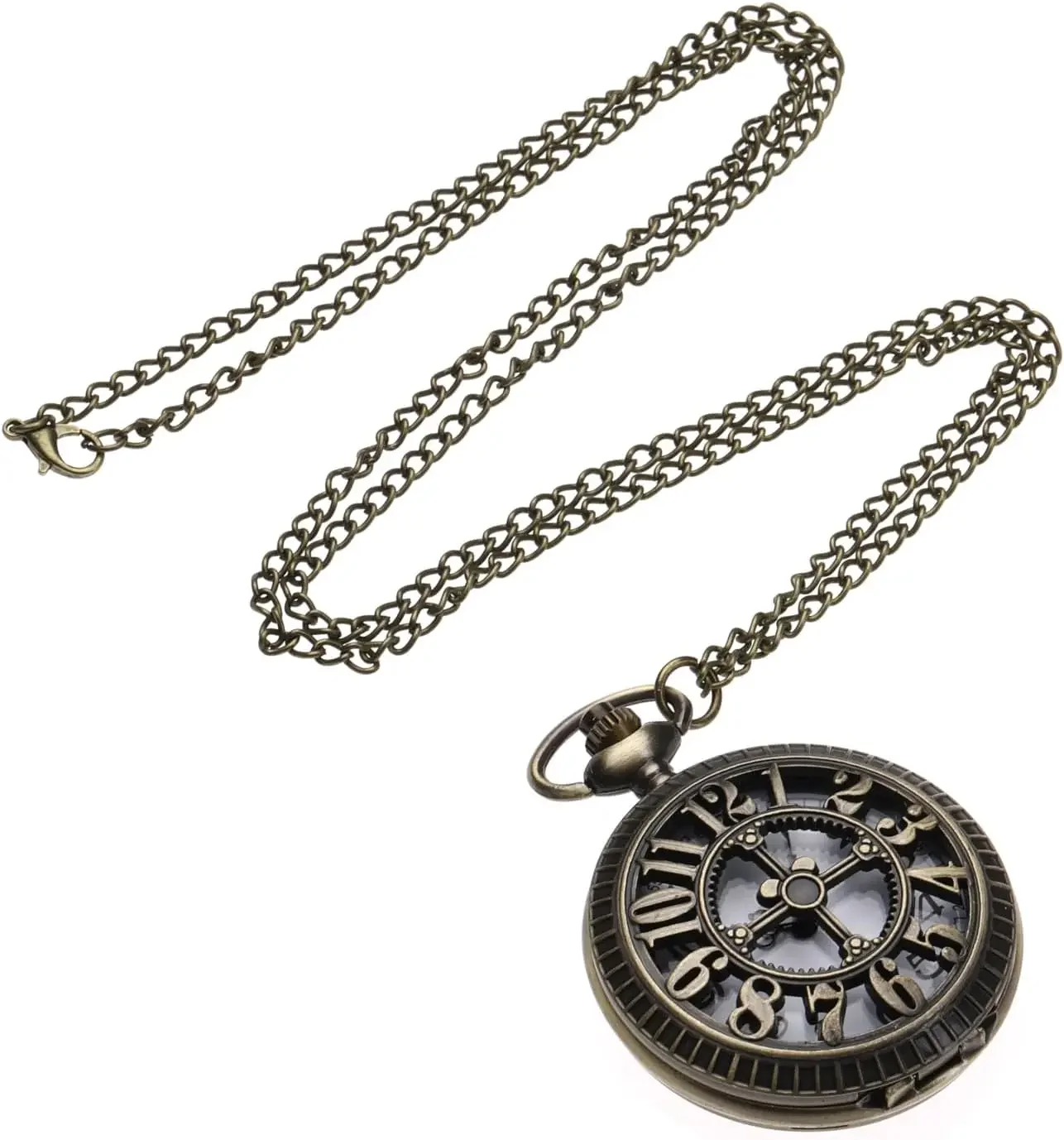 Antique Bronze Hollow Pocket Watch, Steampunk Quartz Analog Watch, Vintage Pendant Watch, Classic Retro Pocket Watch with Chain