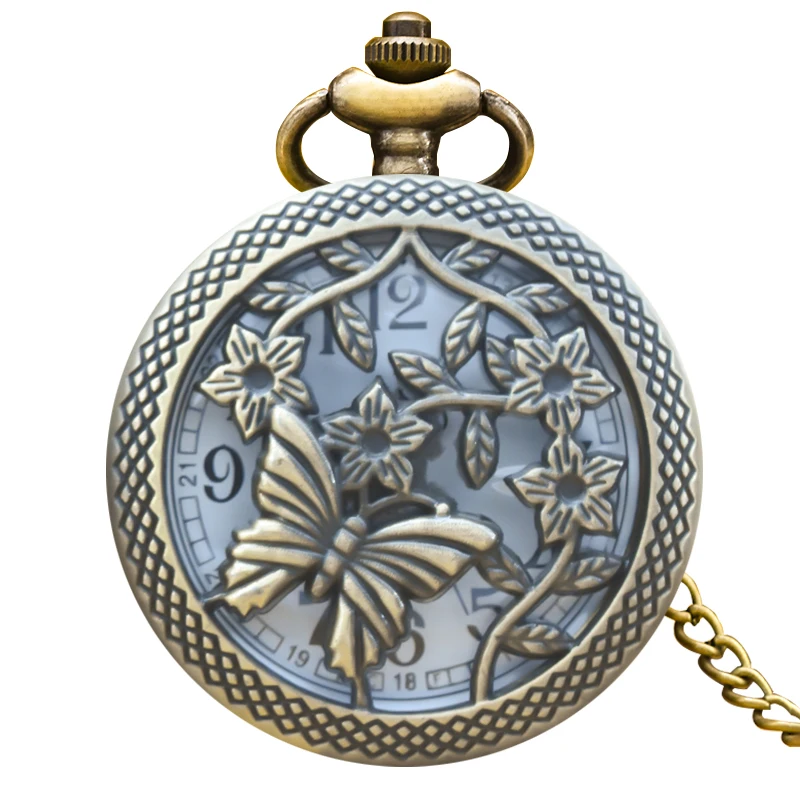 Vintage Bronze Steampunk Butterfly Cutout Engraving Quartz Pocket Watch Necklace Pendant Clock Chain Men Women Chain Gift