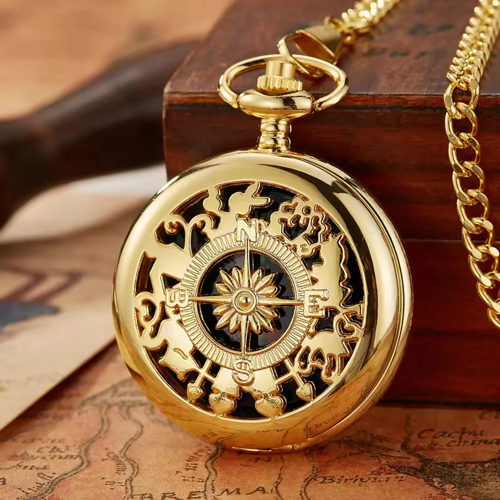 Vintage Steampunk Pocket Watch Necklace Bronze Wonderland Hollow Compass Quartz FOB Chain Arabic Numerals Gift for Men Women