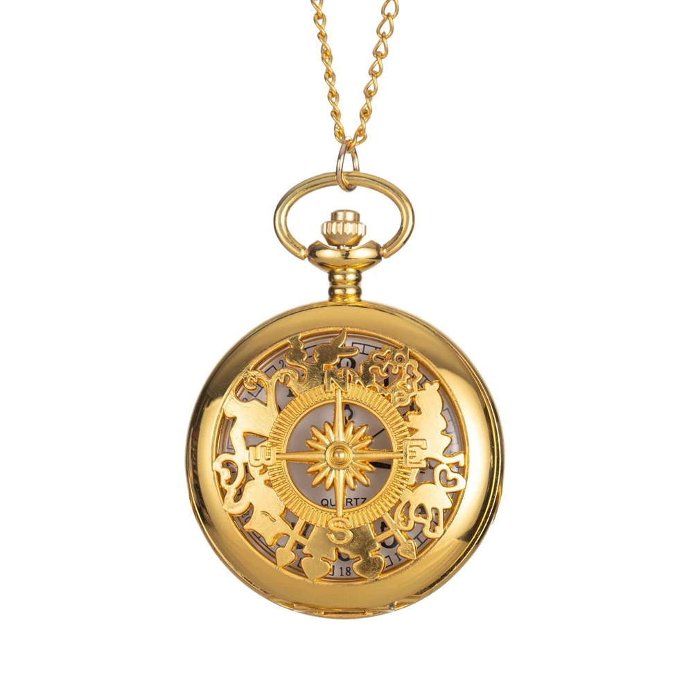 Vintage Steampunk Pocket Watch Necklace Bronze Wonderland Hollow Compass Quartz FOB Chain Arabic Numerals Gift for Men Women