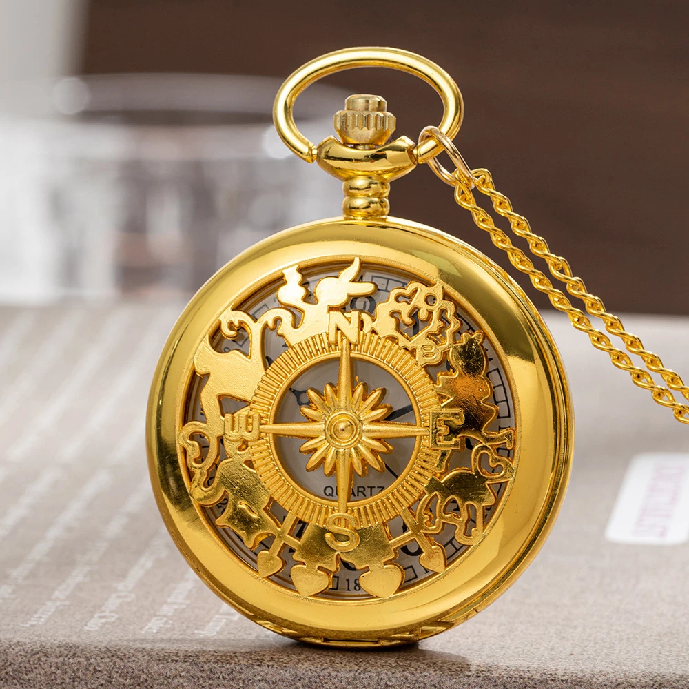 Vintage Steampunk Pocket Watch Necklace Bronze Wonderland Hollow Compass Quartz FOB Chain Arabic Numerals Gift for Men Women