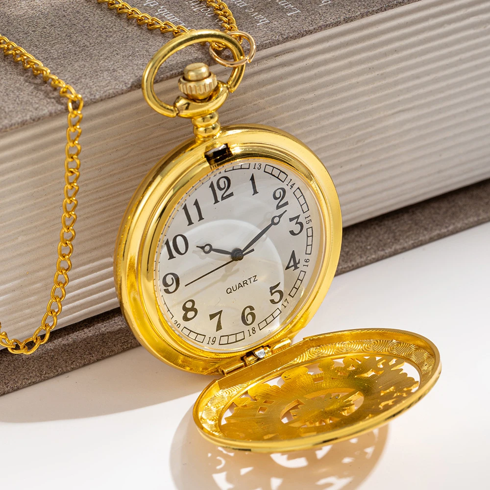 Vintage Steampunk Pocket Watch Necklace Bronze Wonderland Hollow Compass Quartz FOB Chain Arabic Numerals Gift for Men Women