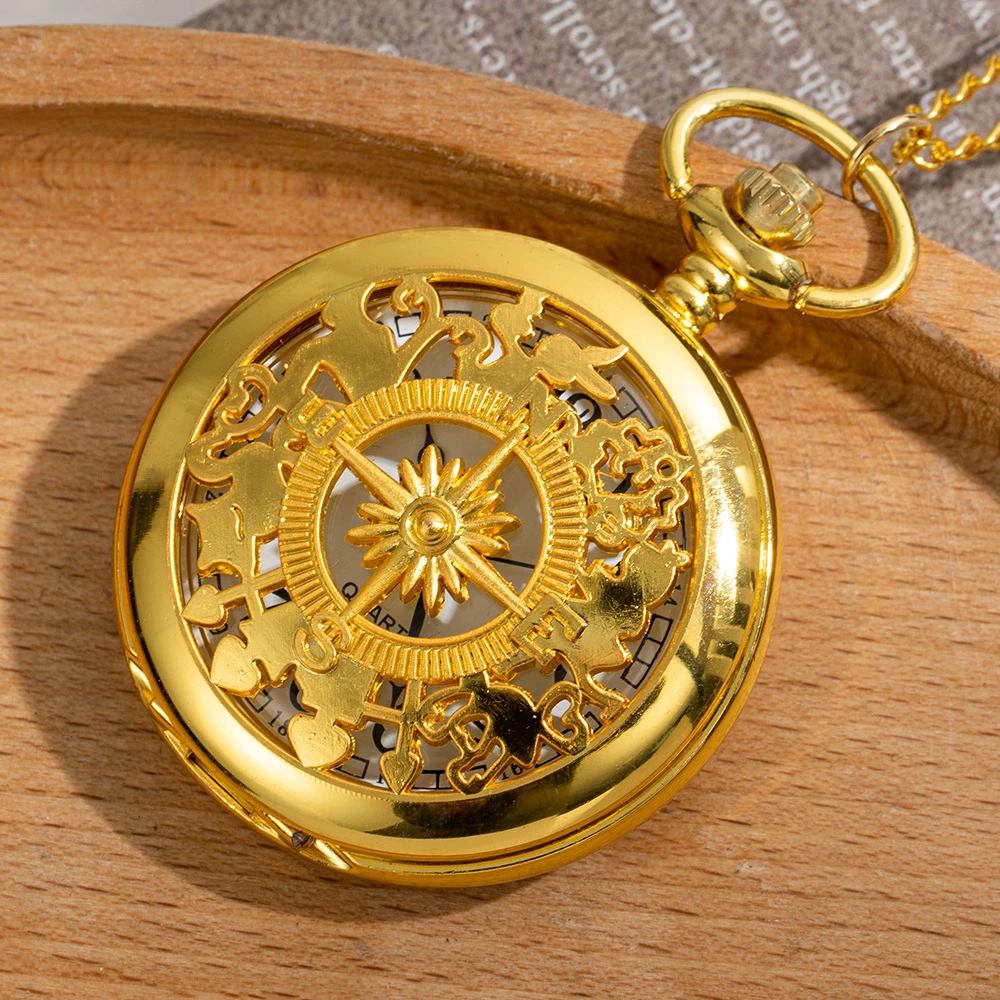 Vintage Steampunk Pocket Watch Necklace Bronze Wonderland Hollow Compass Quartz FOB Chain Arabic Numerals Gift for Men Women