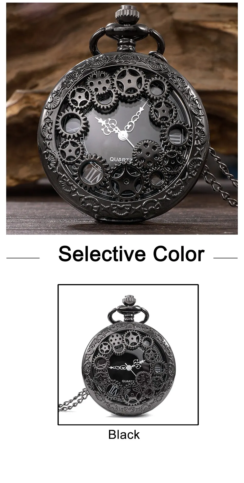 Creative hollowed out gear carved quartz pocket watch, retro flip fashion hanging watch