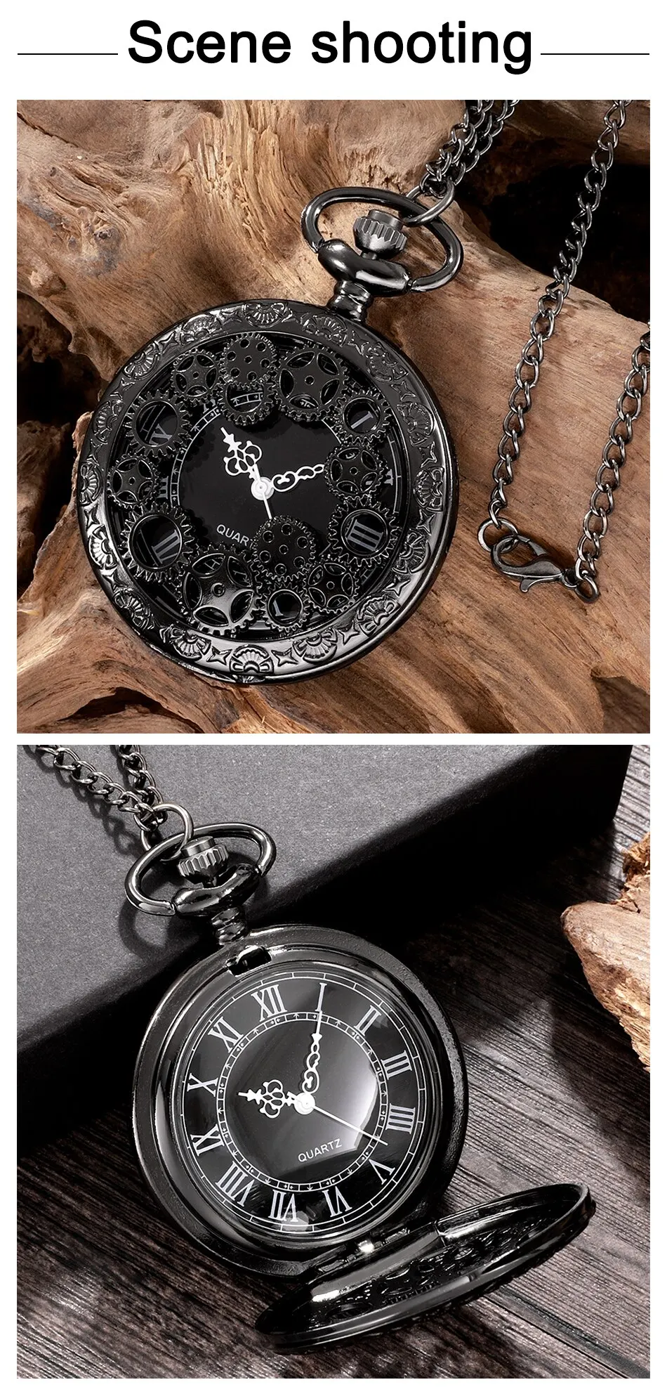 Creative hollowed out gear carved quartz pocket watch, retro flip fashion hanging watch