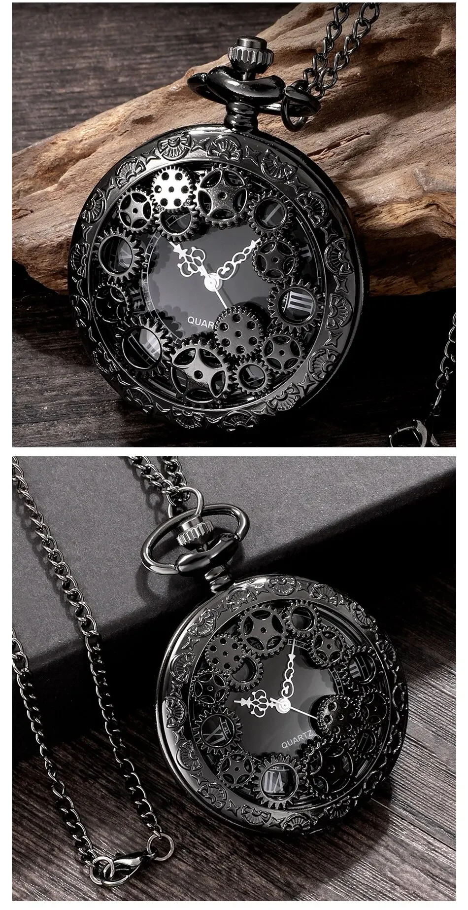 Creative hollowed out gear carved quartz pocket watch, retro flip fashion hanging watch