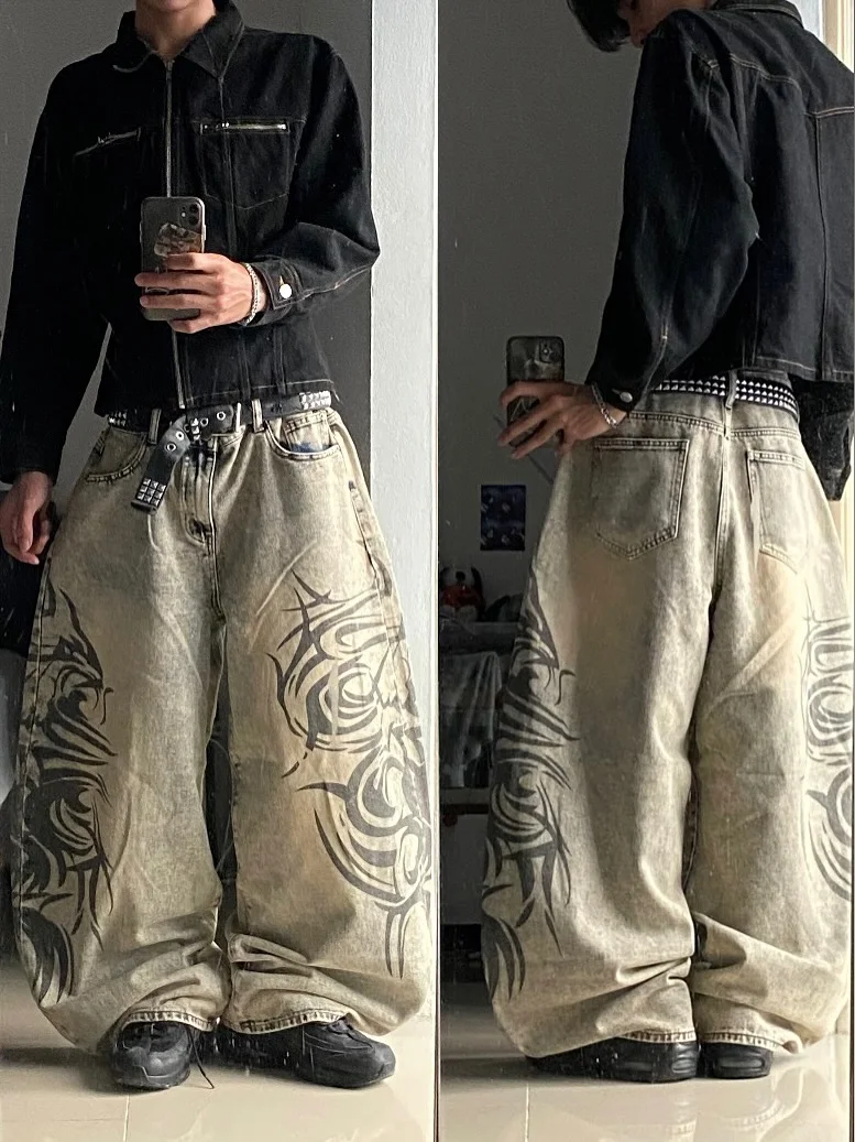 American Retro Streetwear Y2K Gray Printed Loose Jeans Hip Hop Harajuku Casual Washed Distressed Straight Floor Mopping Pants