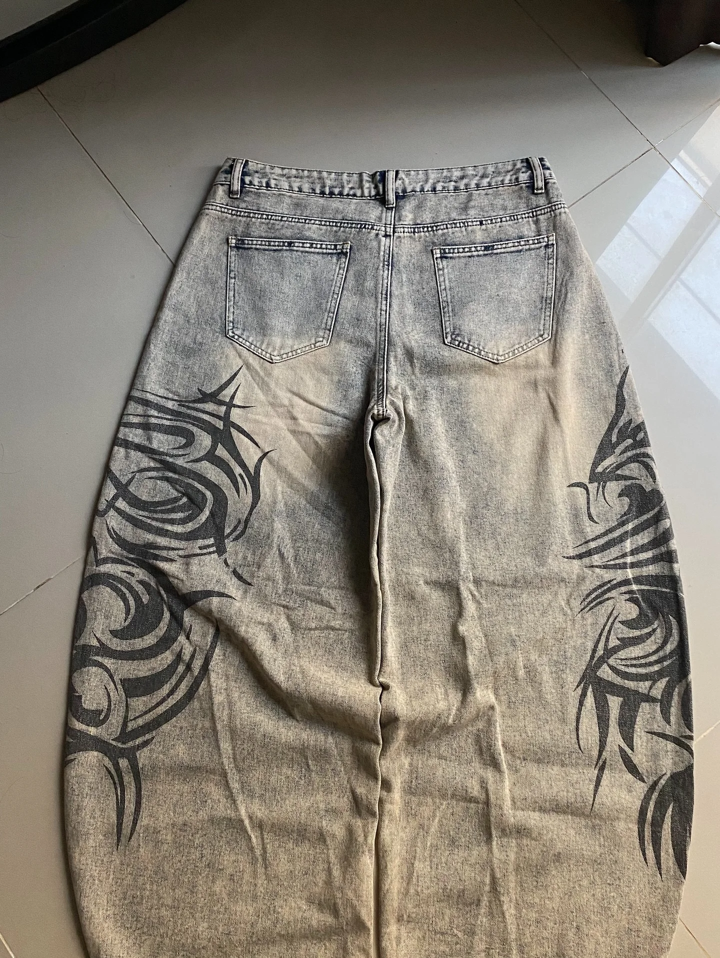 American Retro Streetwear Y2K Gray Printed Loose Jeans Hip Hop Harajuku Casual Washed Distressed Straight Floor Mopping Pants