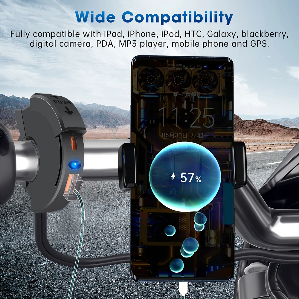 48W Motorcycle Fast Charger QC3.0 18W PD 30W Handlebar Charging Bracket Waterproof Bike Phone Charger 12/24V Socket Adapter