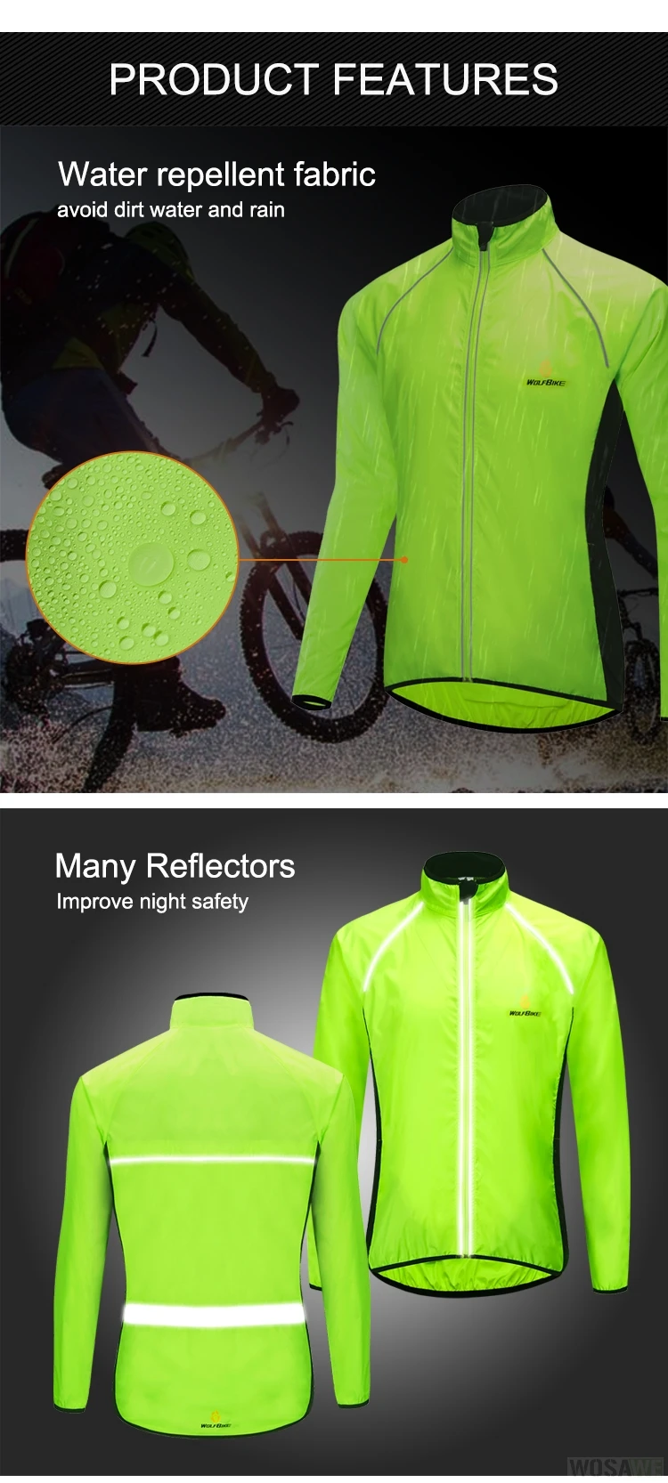 WOSAWE Men Windproof Waterproof Reflective Cycling Jacket MTB Bicycle Long Sleeve Windbreaker Sleeveless Vest Bike Coat Jersey
