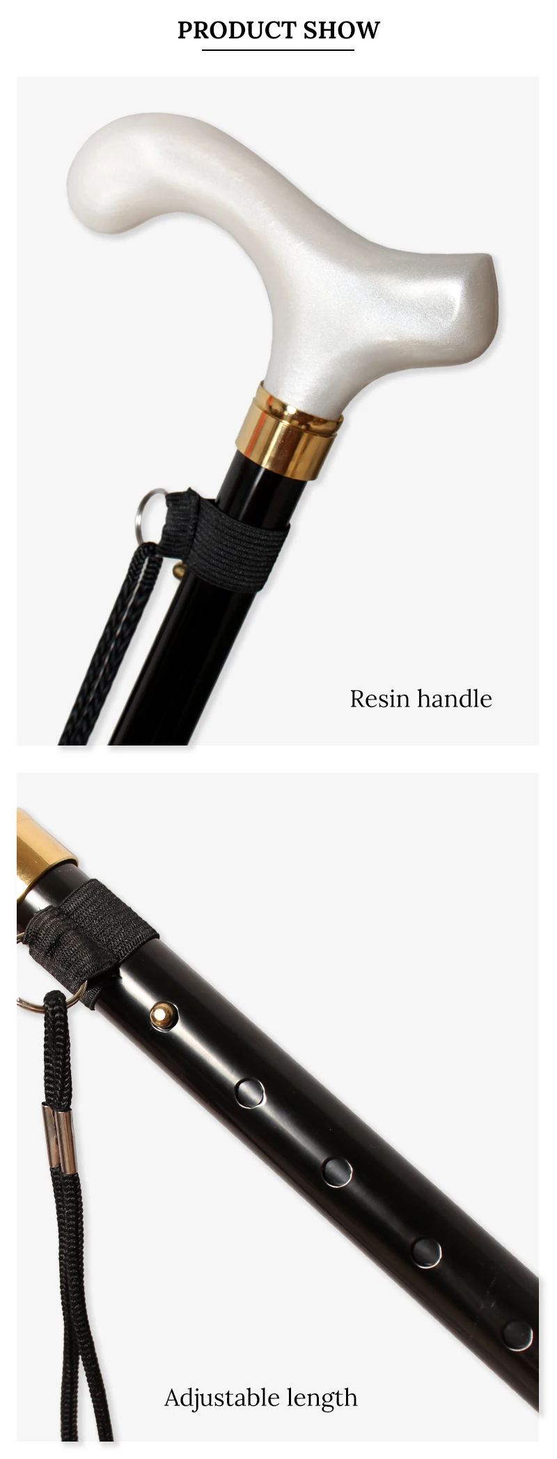 Adjustable Folding Walking Stick 87cm-97cm White Resin Handle Black Aluminum Alloy Canes Men And Women Lightweight Walking Stick