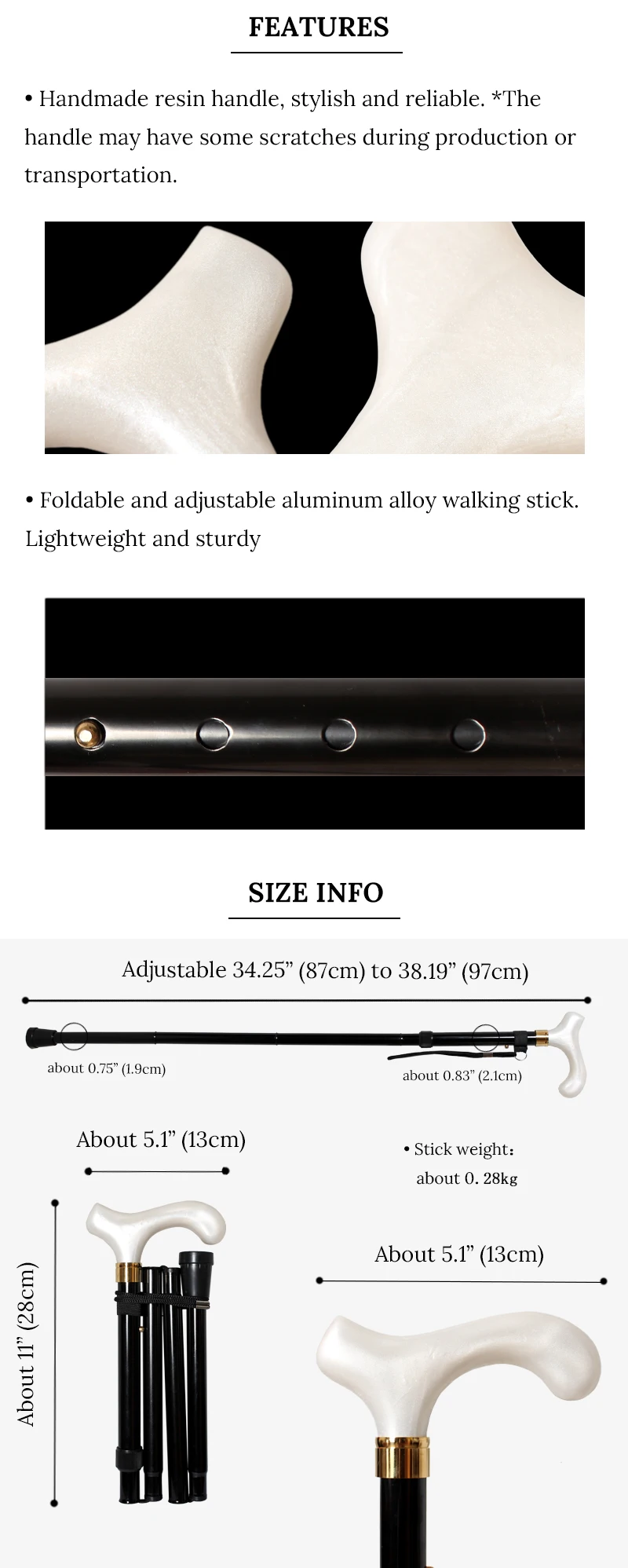 Adjustable Folding Walking Stick 87cm-97cm White Resin Handle Black Aluminum Alloy Canes Men And Women Lightweight Walking Stick