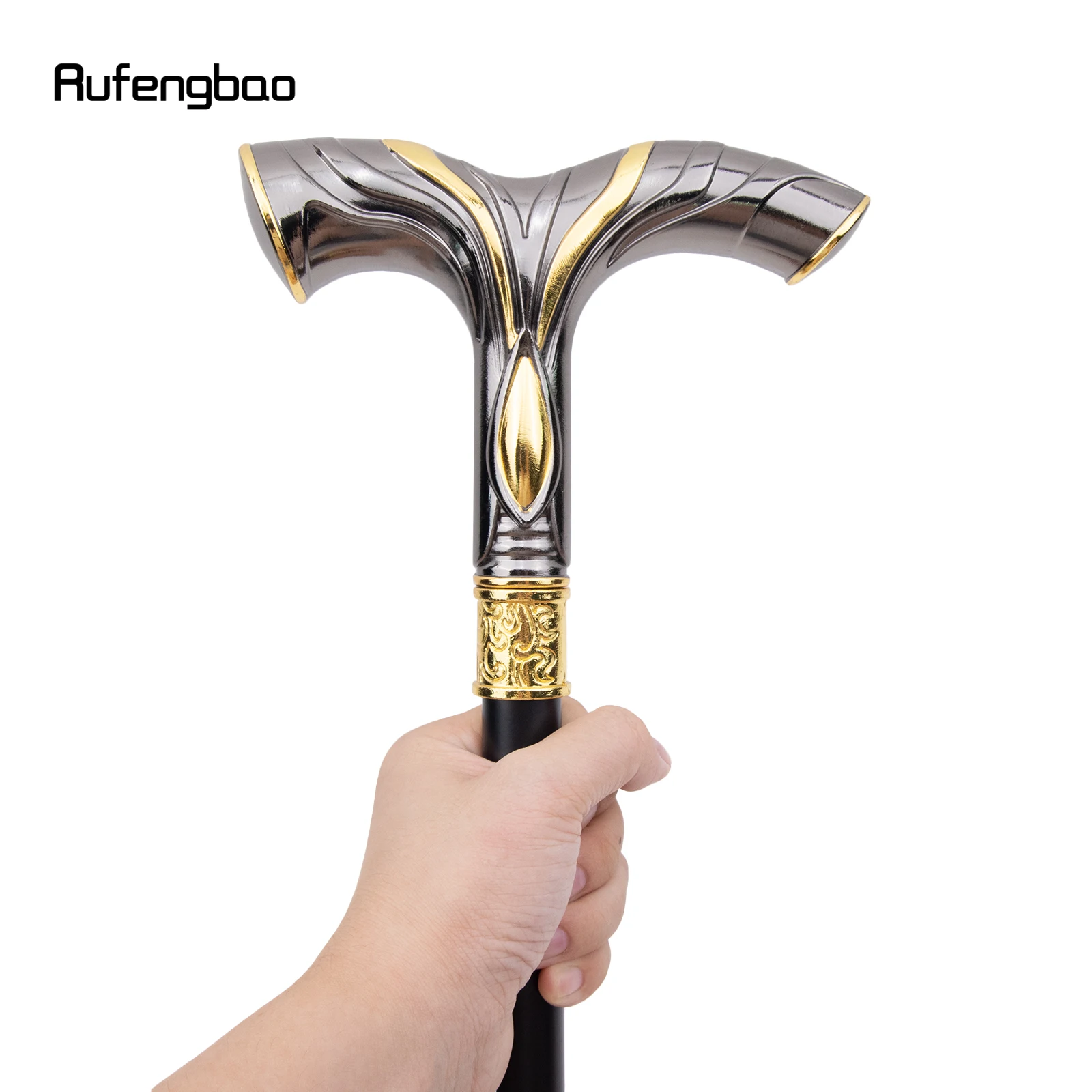 Golden Black Flowing Lines Handle Walking Stick with Hidden Plate Self Defense Fashion Cane Plate Cosplay Crosier Stick 92cm