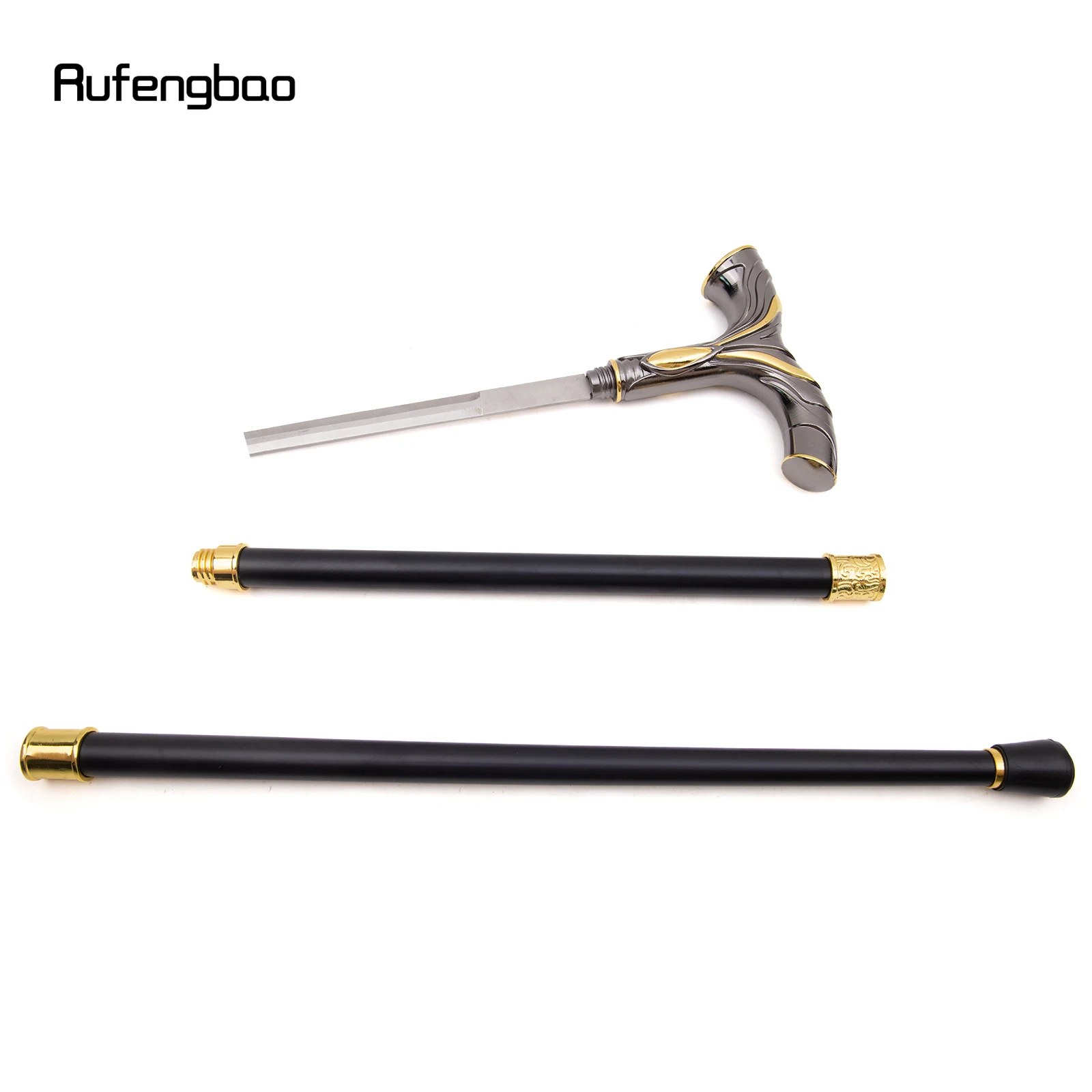 Golden Black Flowing Lines Handle Walking Stick with Hidden Plate Self Defense Fashion Cane Plate Cosplay Crosier Stick 92cm