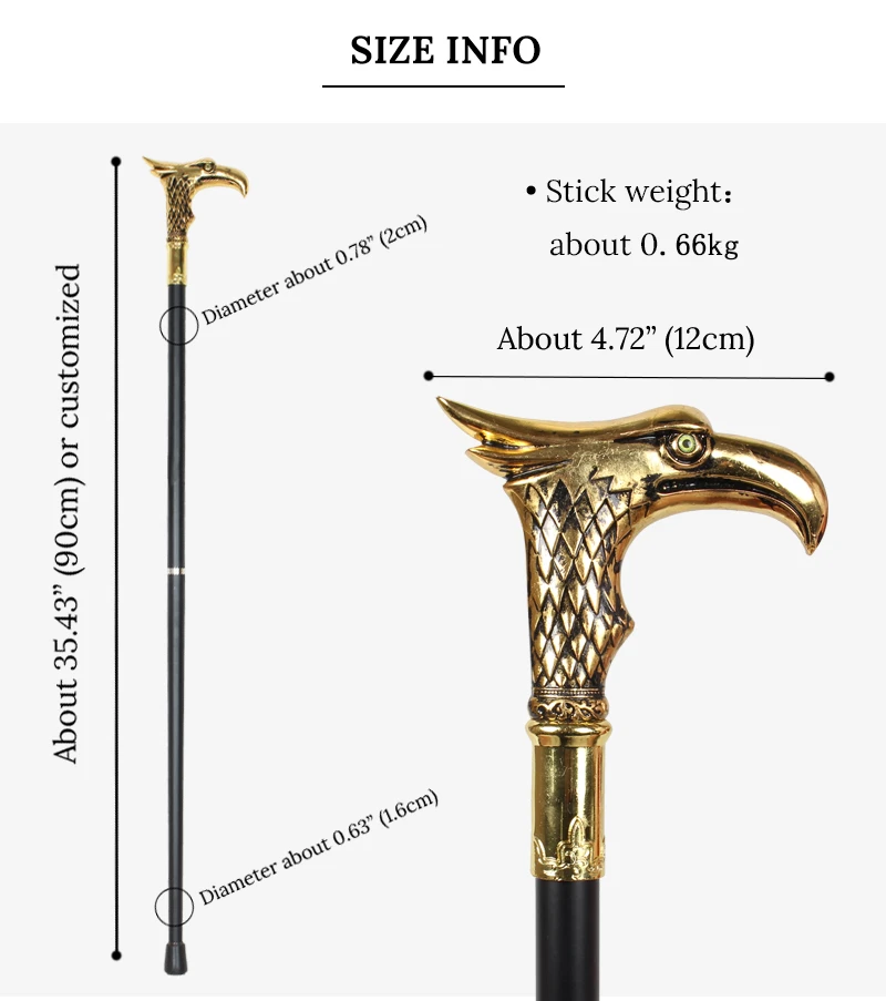 Gold & Black Eagle-Head Men's Luxury Walking Stick Women Fashion Elegant Decorative Canes Vintage Party Accessory for Gentlemen