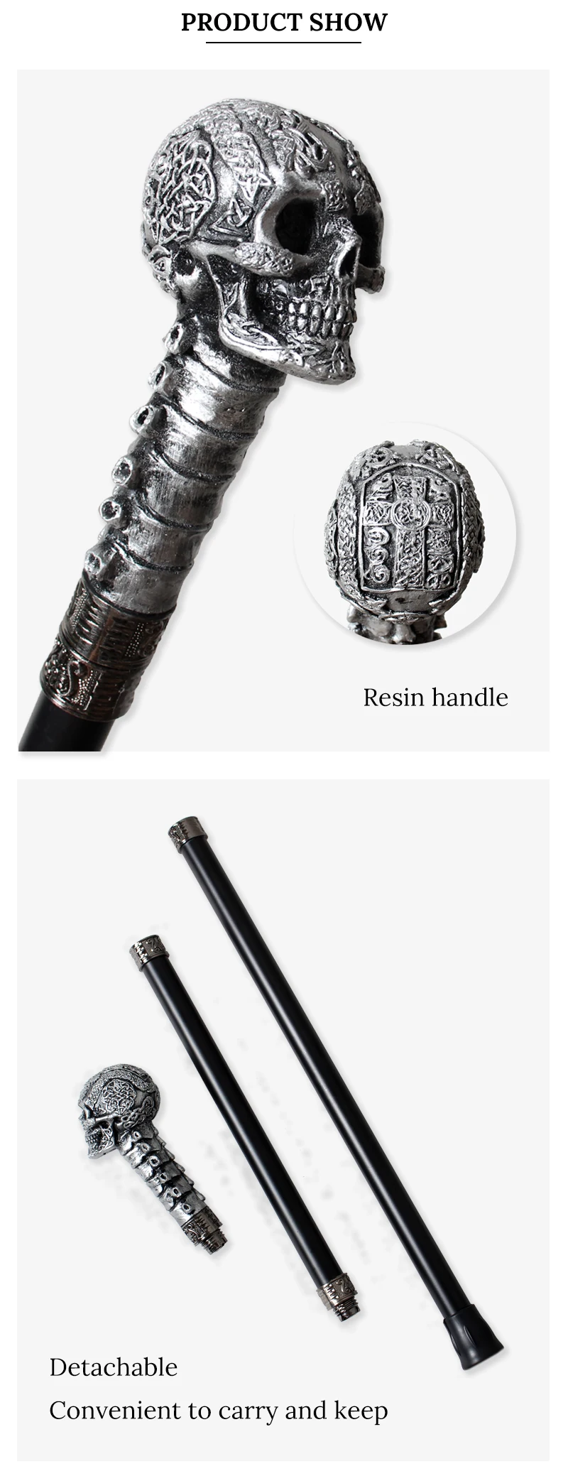 Silver Black Resin Skull Head Walking Stick Fashion Decorative Religious Women's Halloween Cosplay Canes Man's Walking Sticks