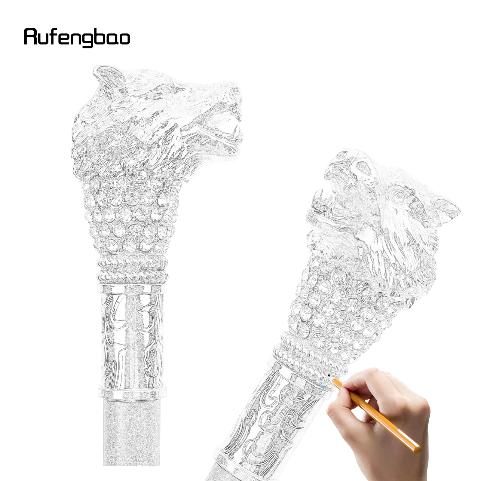 Golden White Wolf Head Fashion Walking Stick Decorative Stick Cospaly Vintage Party Fashionable Walking Cane Crosier 90cm