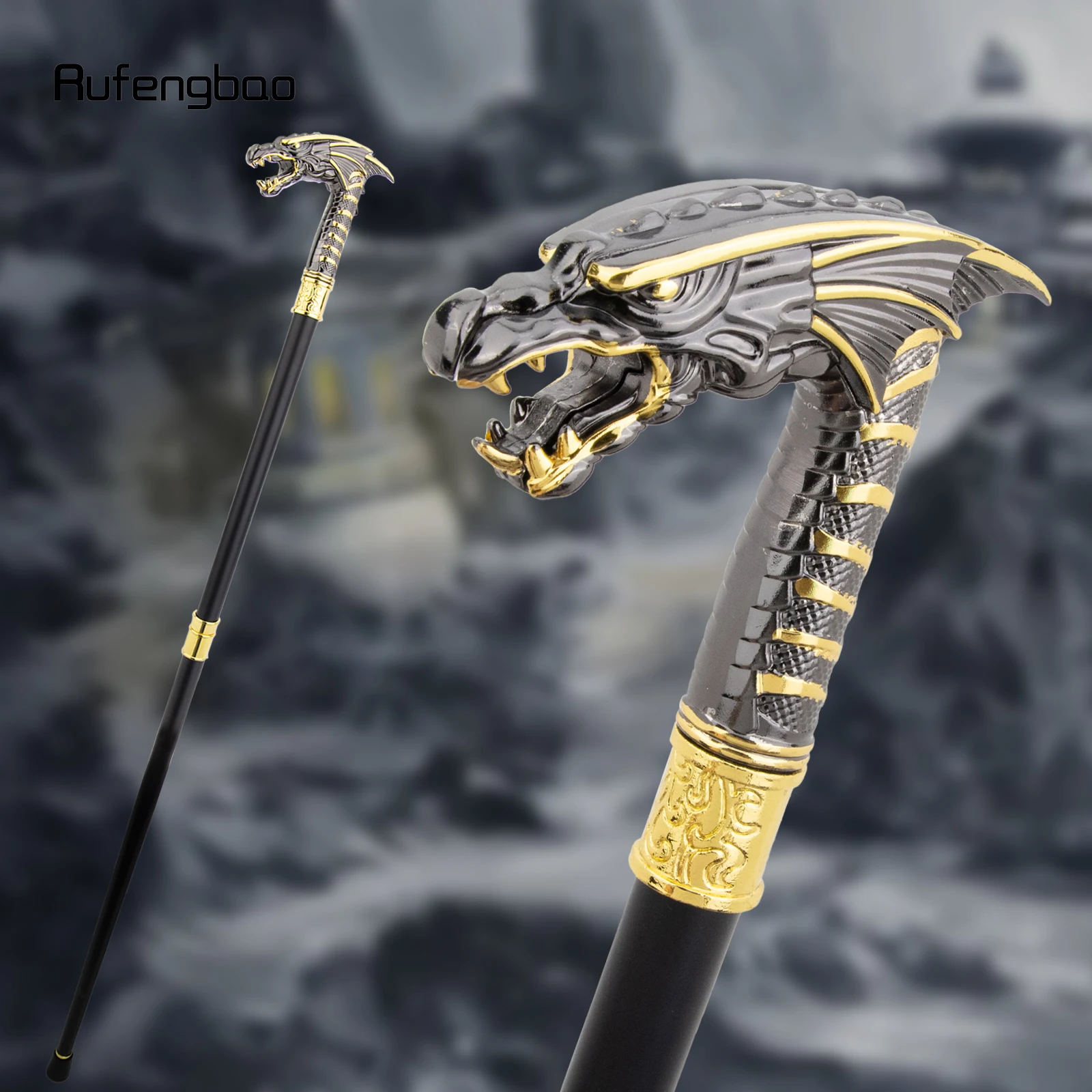 Golden Black Dragon Head Walking Cane Fashion Decorative Walking Stick Cosplay Cane Knob Crosier Performance Stage Cane 93cm