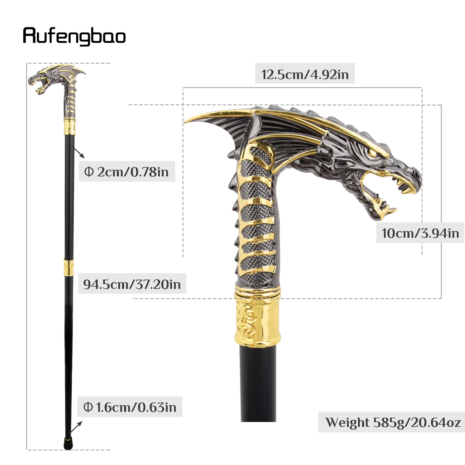 Golden Black Dragon Head Walking Cane Fashion Decorative Walking Stick Cosplay Cane Knob Crosier Performance Stage Cane 93cm