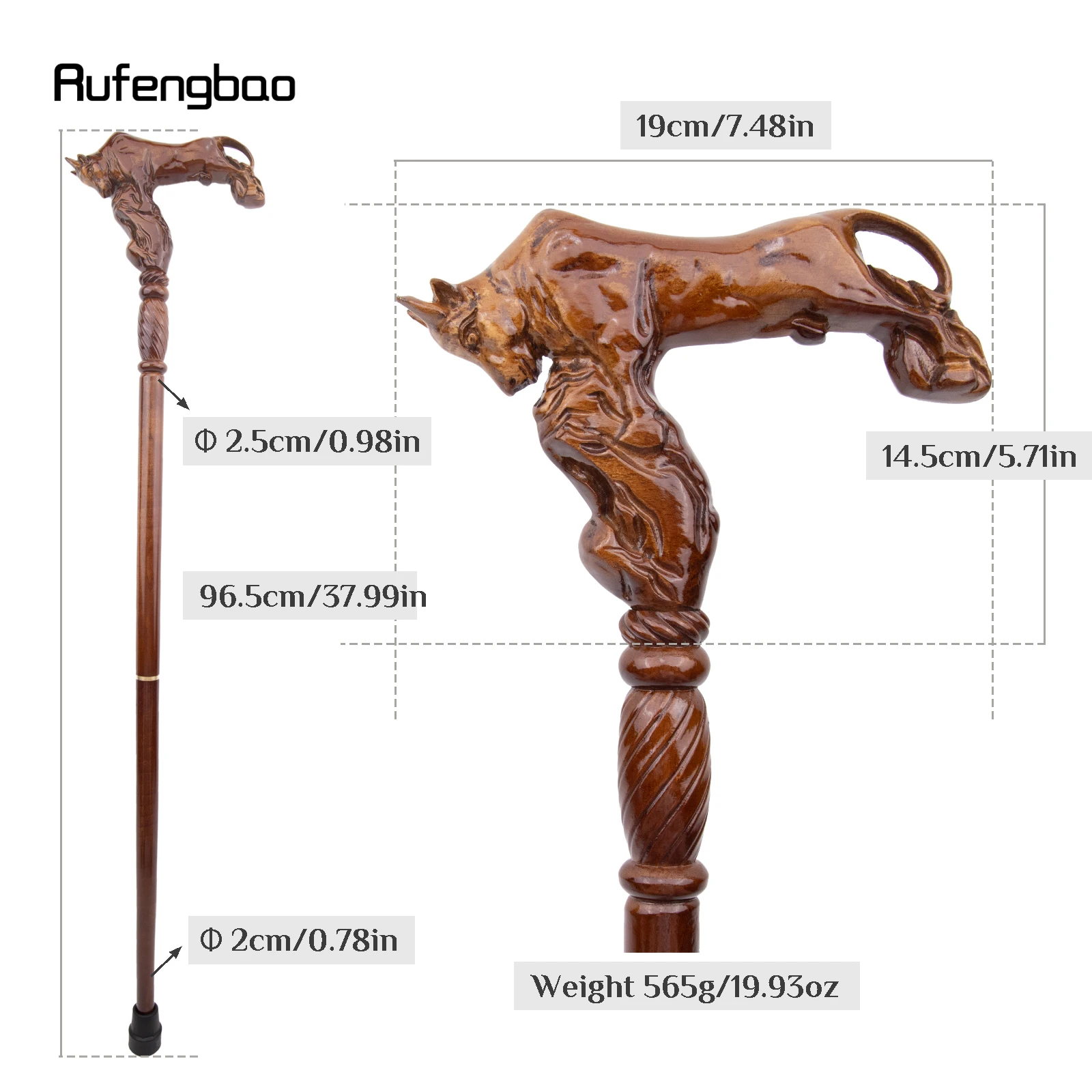 Fighting Bull Brown Wooden Fashion Stick Decorative Vampire Cospaly Party Wood Walking Cane Performance stage Cane 96cm
