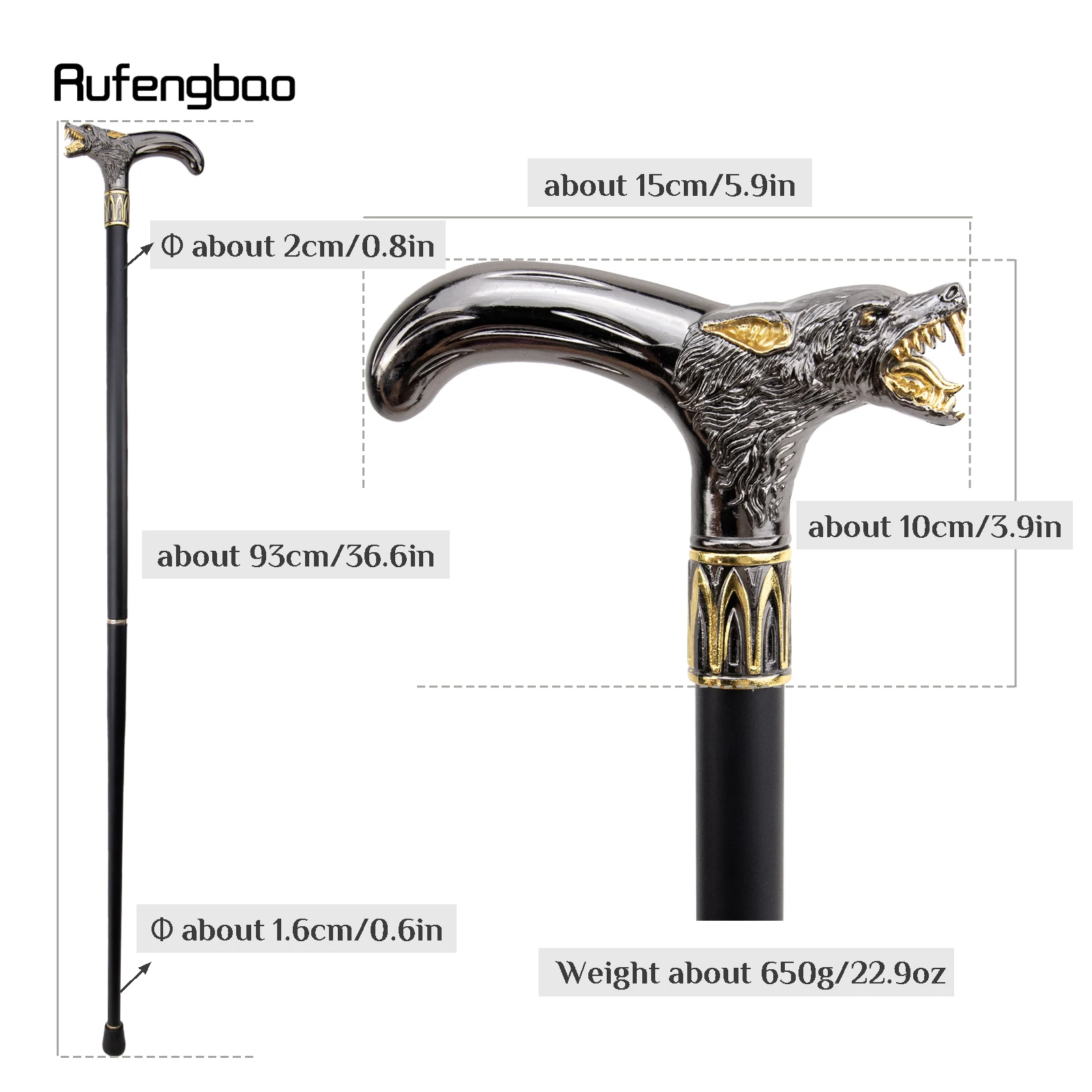Golden Black Wolf Head Biting Walking Cane Fashion Decorative Walking Stick Gentleman Elegant Cosplay Cane Knob Crosier 93cm