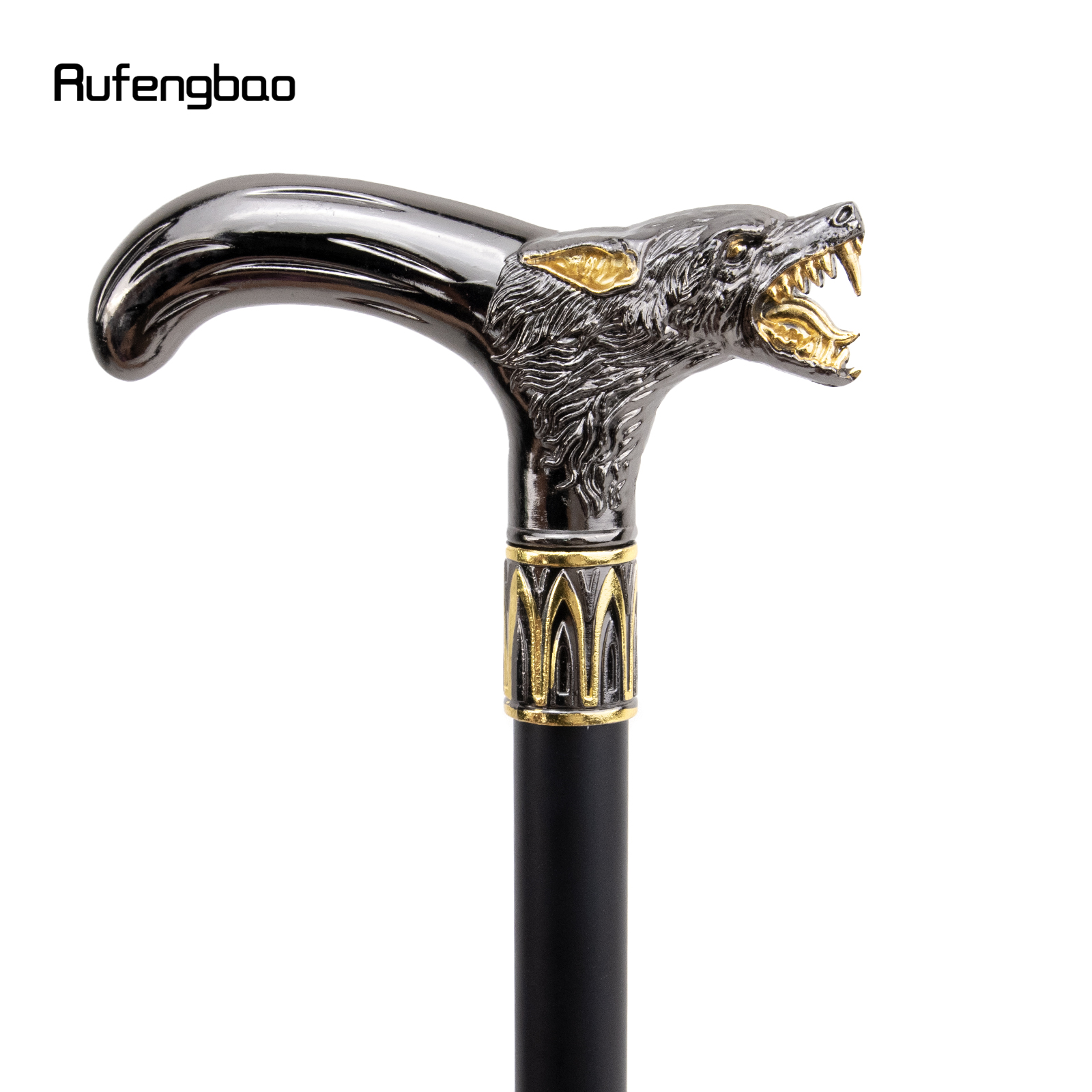Golden Black Wolf Head Biting Walking Cane Fashion Decorative Walking Stick Gentleman Elegant Cosplay Cane Knob Crosier 93cm