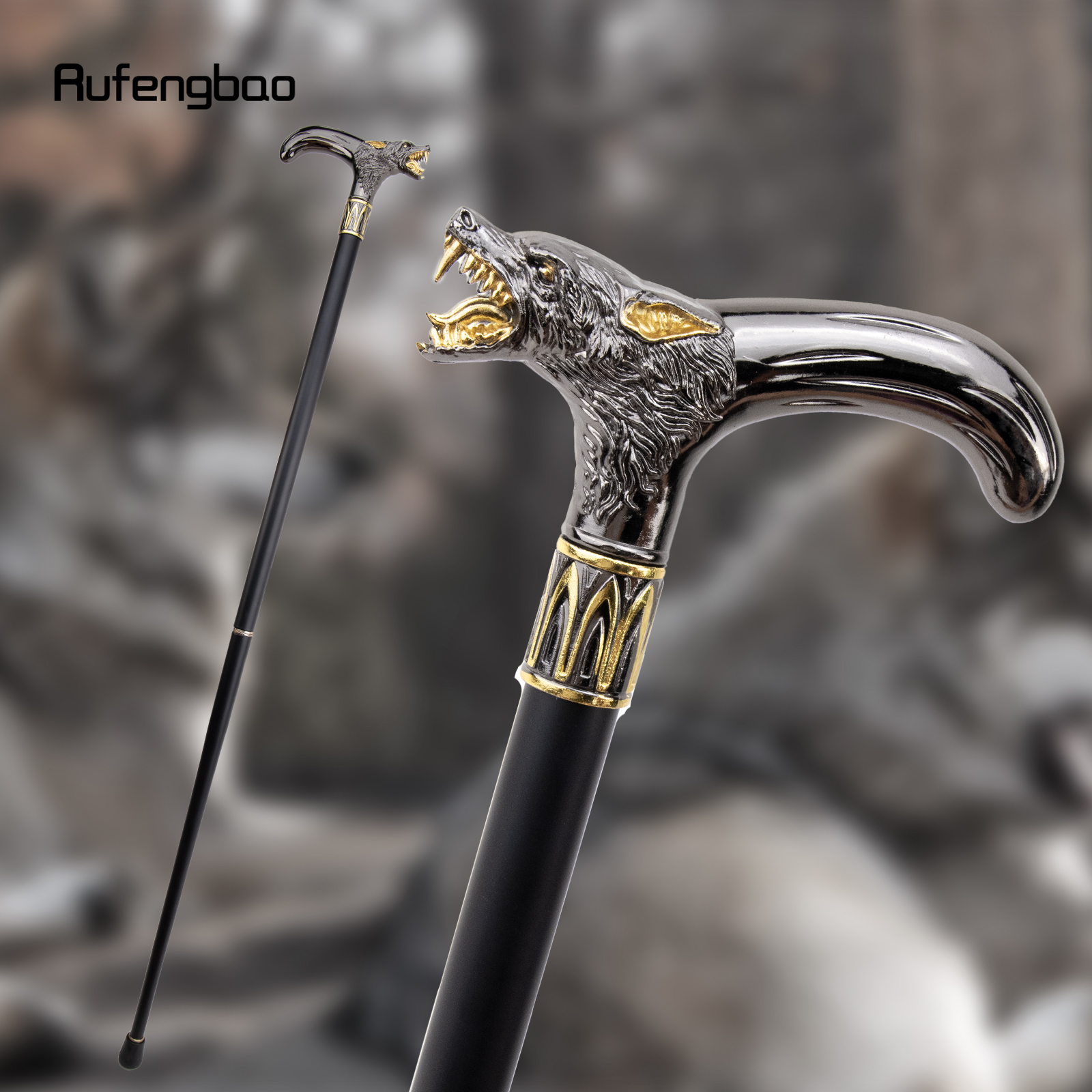 Golden Black Wolf Head Biting Walking Cane Fashion Decorative Walking Stick Gentleman Elegant Cosplay Cane Knob Crosier 93cm