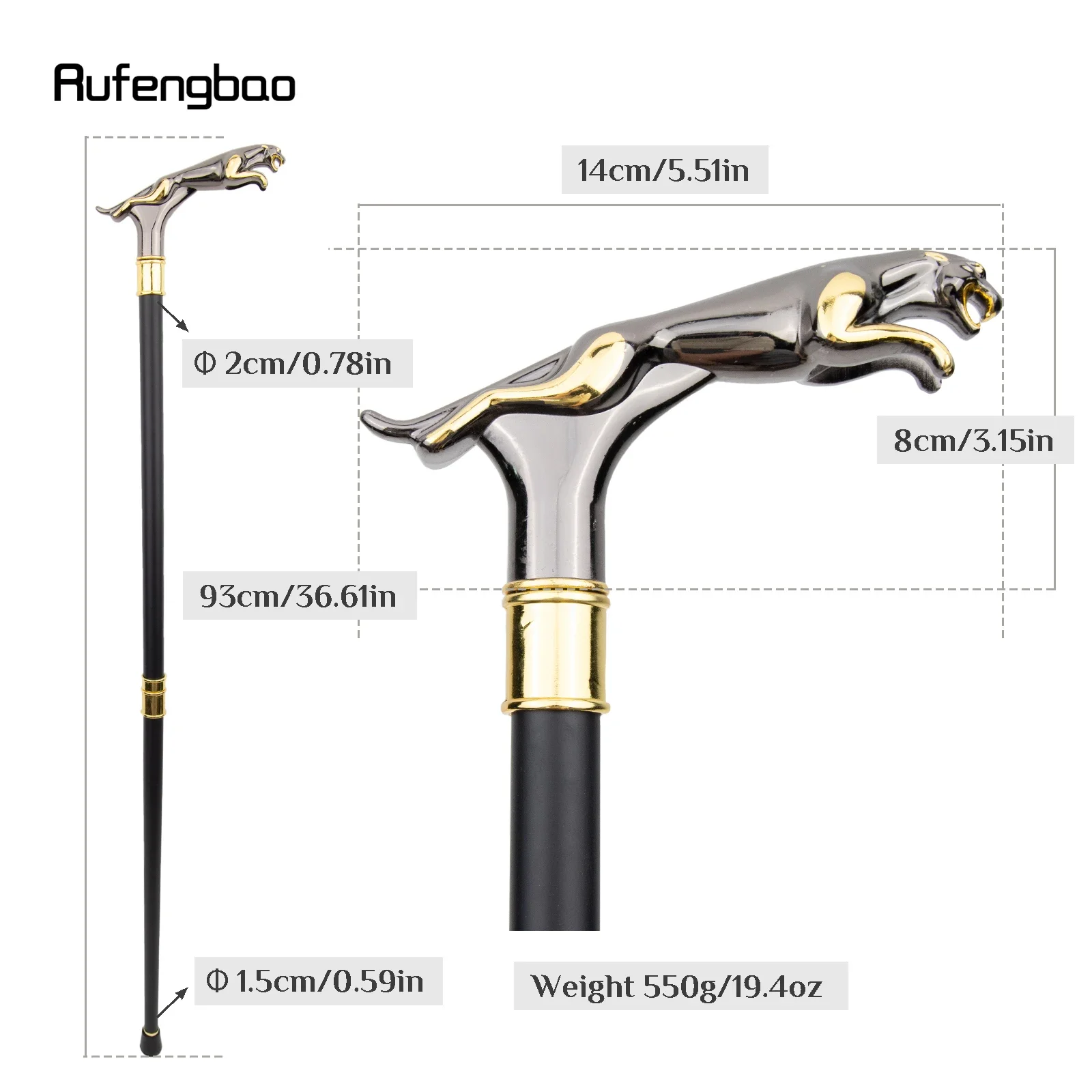 Golden Black Leopard with Tail Fashion Walking Stick for Party Decorative Walking Cane Elegant Crosier Knob Walking Stick 93cm