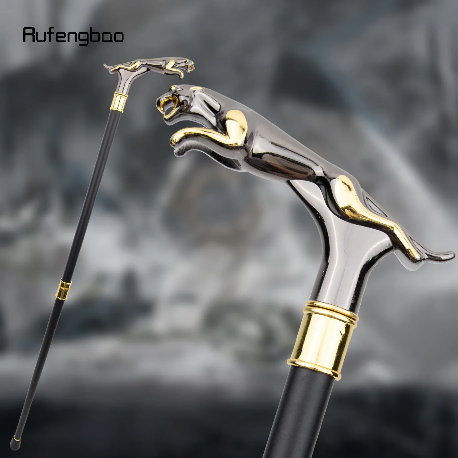 Golden Black Leopard with Tail Fashion Walking Stick for Party Decorative Walking Cane Elegant Crosier Knob Walking Stick 93cm