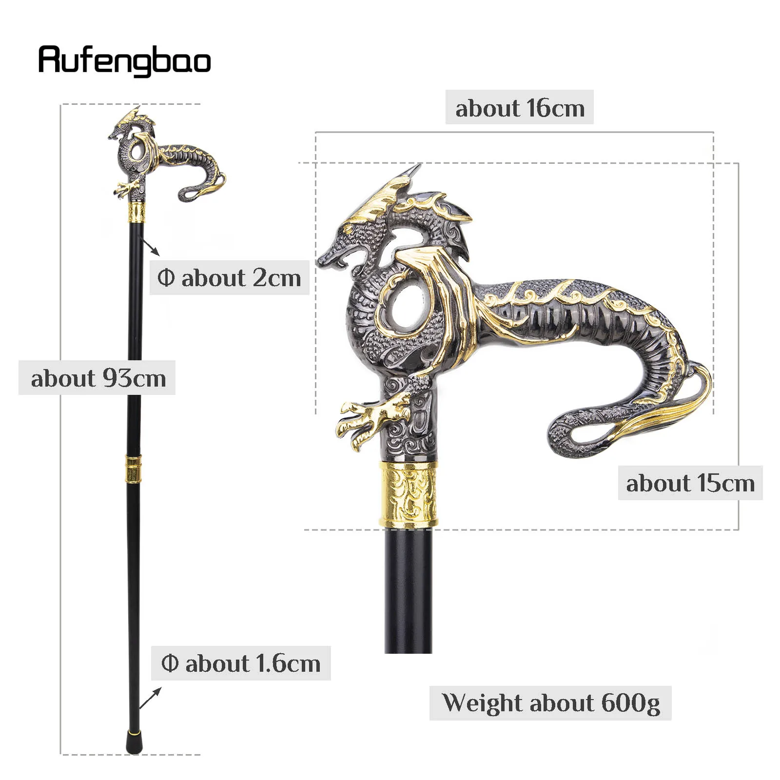 Gold Black Luxury Dragon Walking Cane Fashion Decorative Walking Stick Gentleman Elegant Cosplay Cane Knob Crosier 93cm