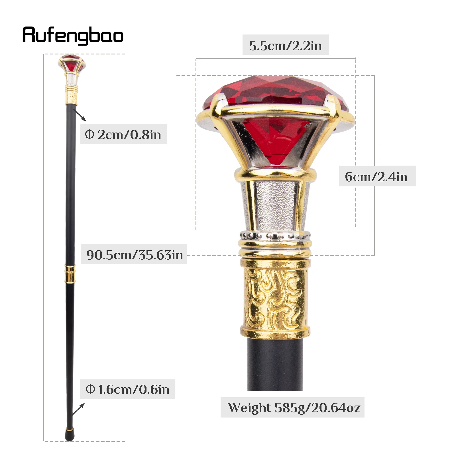 Red Diamond Type Golden White Walking Cane Fashion Decorative Walking Stick Gentleman Elegant Cosplay Cane Knob Crosier 90cm