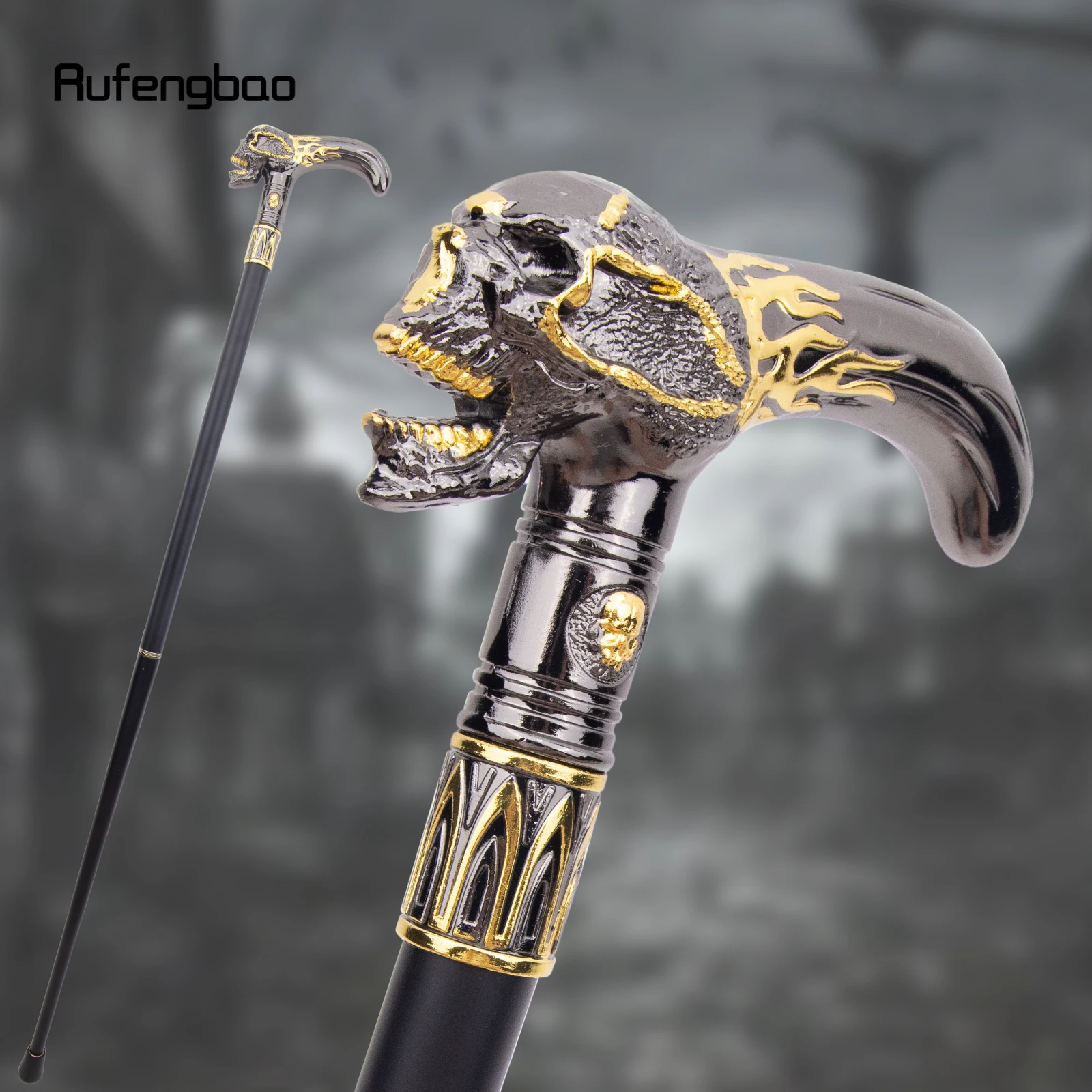 Golden Black Skull Head Walking Cane Fashion Decorative Walking Stick Gentleman Elegant Cosplay Cane Knob Crosier 92cm