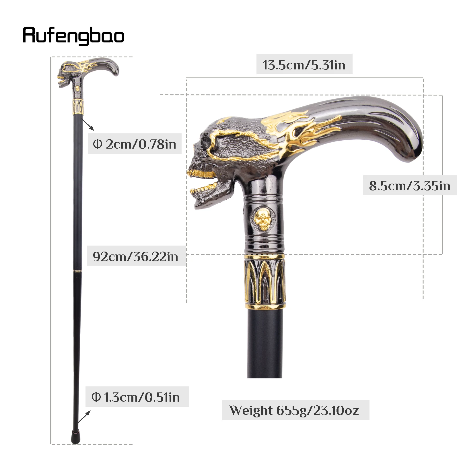 Golden Black Skull Head Walking Cane Fashion Decorative Walking Stick Gentleman Elegant Cosplay Cane Knob Crosier 92cm
