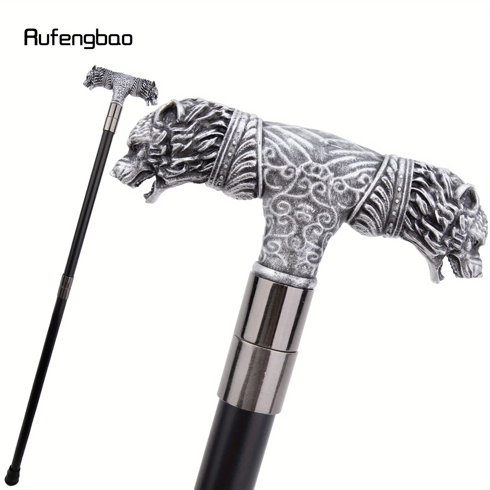 Silver Resin Wolf Double Head Walking Cane Fashion Steel Stick Elegant Cosplay Cane Knob Crosier Performance Stage Cane 92cm
