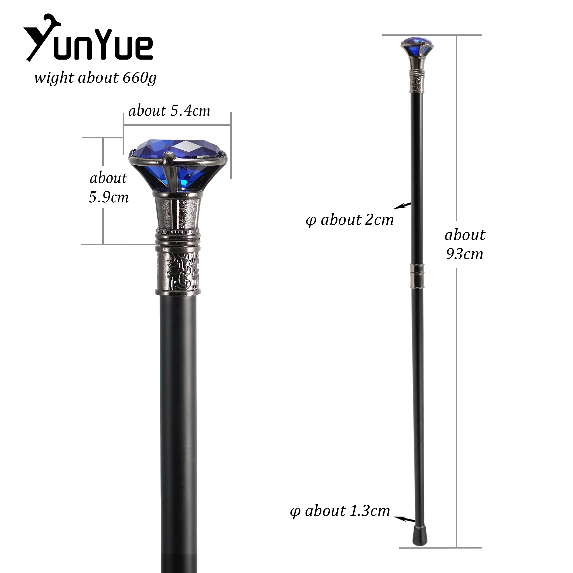 Sliver Blue Diamond Type Walking Cane Gentleman Elegant Fashion Art Decorative Walking Stick Lady Vintage Party Cosplay Sceptre