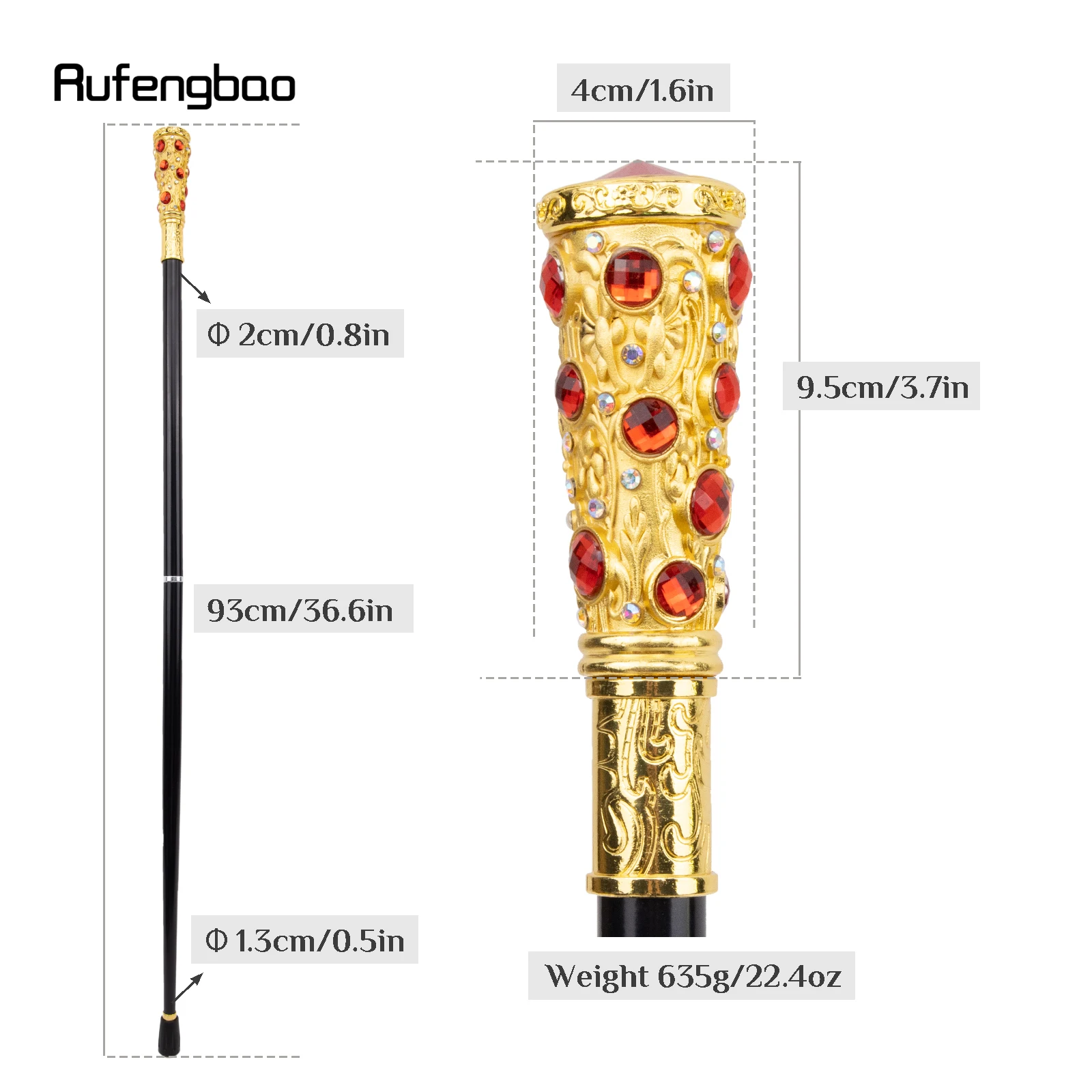 Golden Red Artificial Diamond Walking Cane Fashion Decorative Walking Stick Gentleman Elegant Cosplay Cane Knob Crosier 93cm