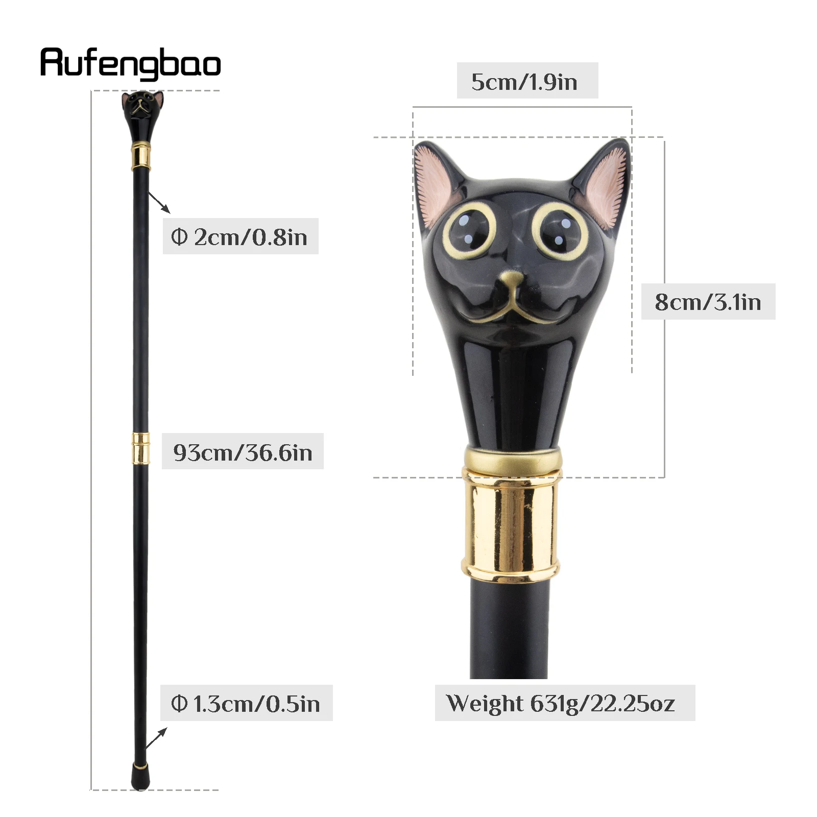 Black Golden Cat Gentleman Kitten Walking Cane Fashion Walking Stick Gentleman Crosier Knob Walking Stick 93cm