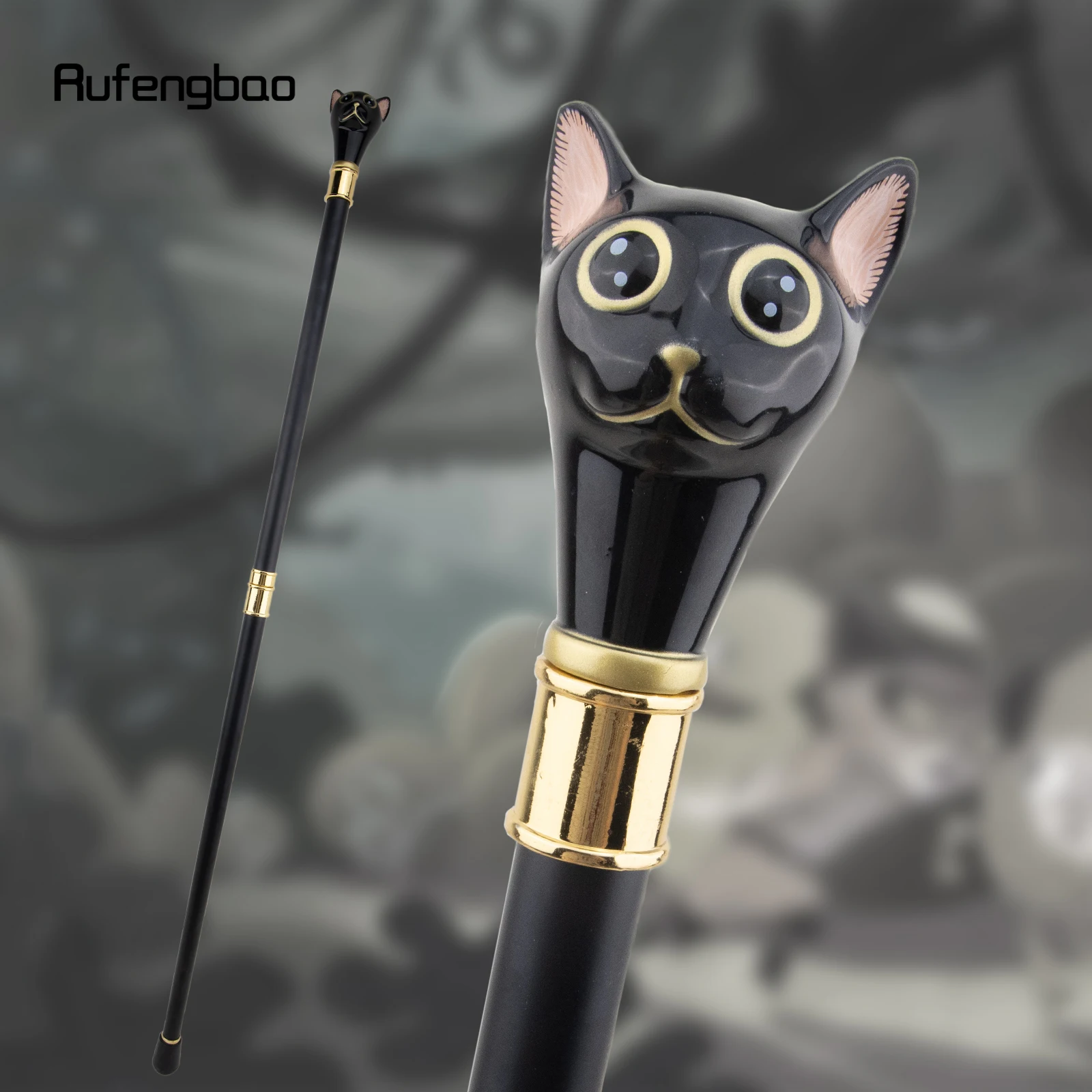 Black Golden Cat Gentleman Kitten Walking Cane Fashion Walking Stick Gentleman Crosier Knob Walking Stick 93cm