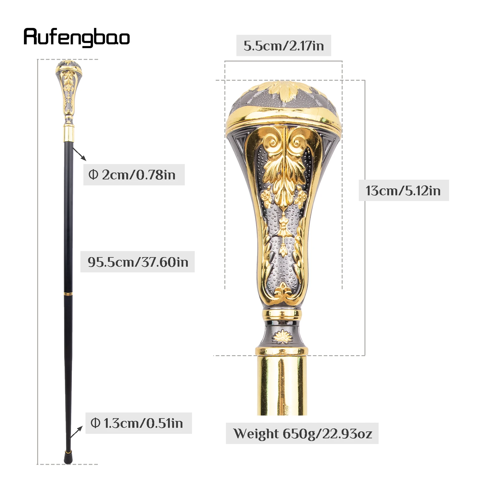 Golden Black Luxury Round Leaf Handle Fashion Walking Stick For Party Cane Elegant Deluxe Box 95cm Performance Stage Cane