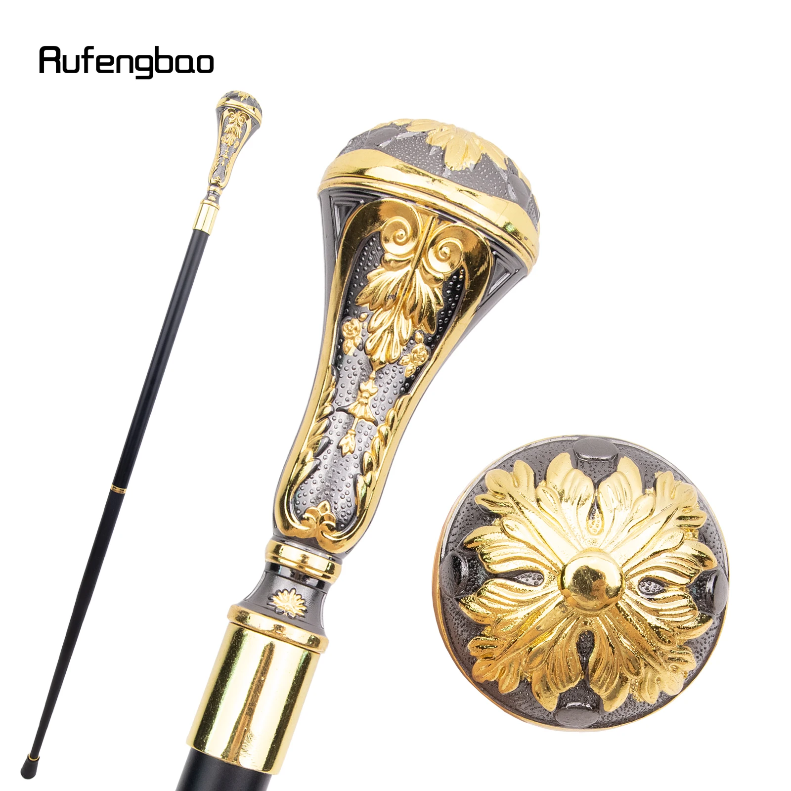 Golden Black Luxury Round Leaf Handle Fashion Walking Stick For Party Cane Elegant Deluxe Box 95cm Performance Stage Cane