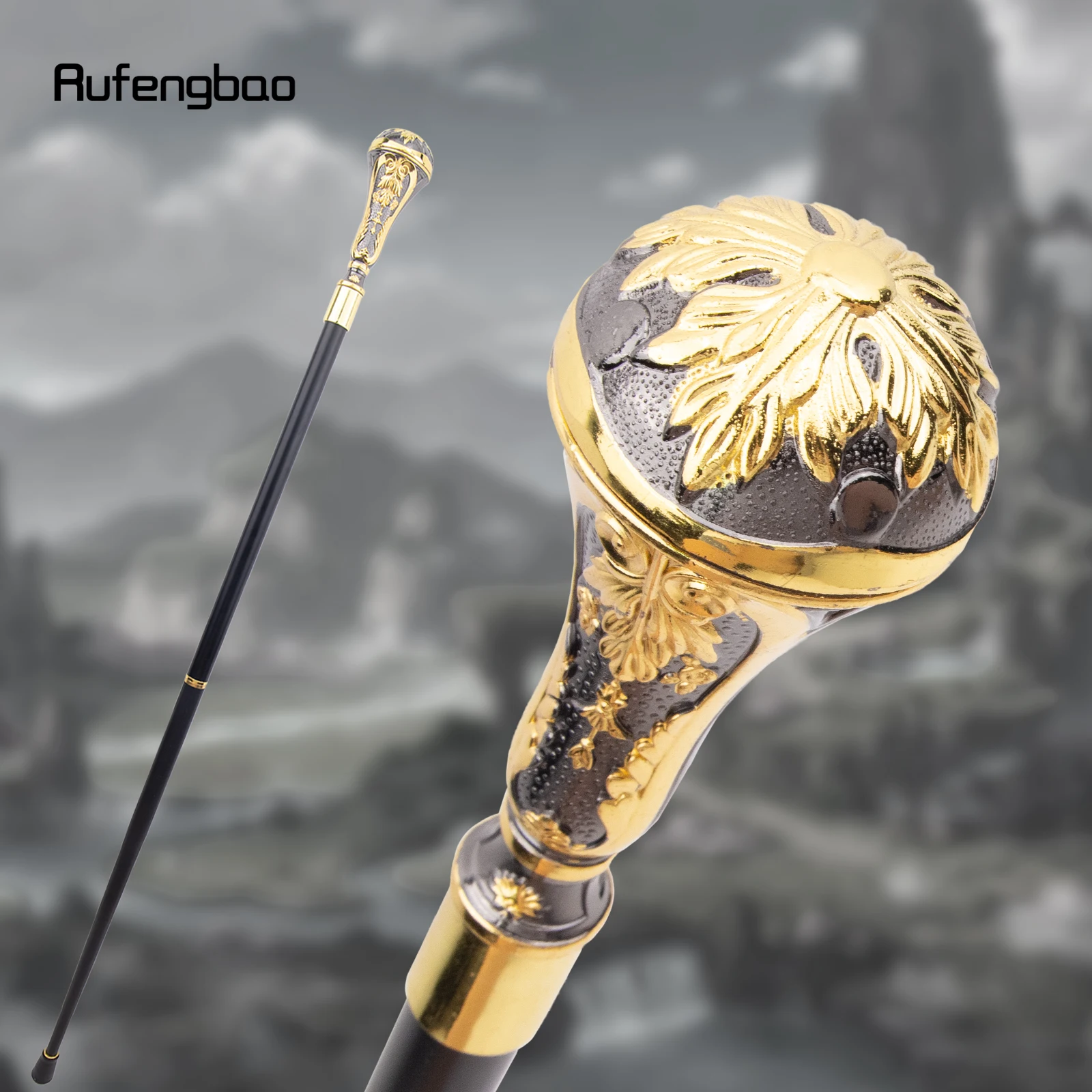 Golden Black Luxury Round Leaf Handle Fashion Walking Stick For Party Cane Elegant Deluxe Box 95cm Performance Stage Cane