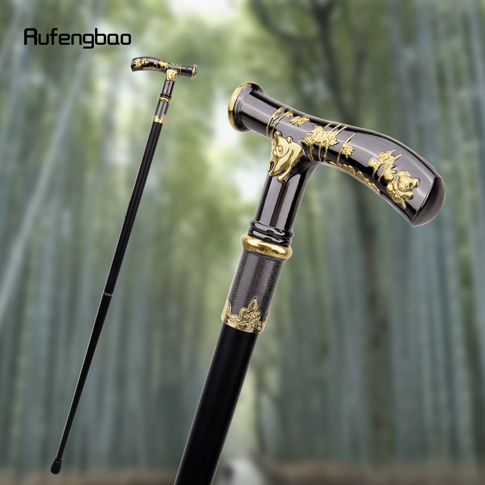 Gold Black Panda Compass Walking Cane Fashion Decorative Walking Stick Gentleman Elegant Cosplay Cane Knob Crosier 93cm
