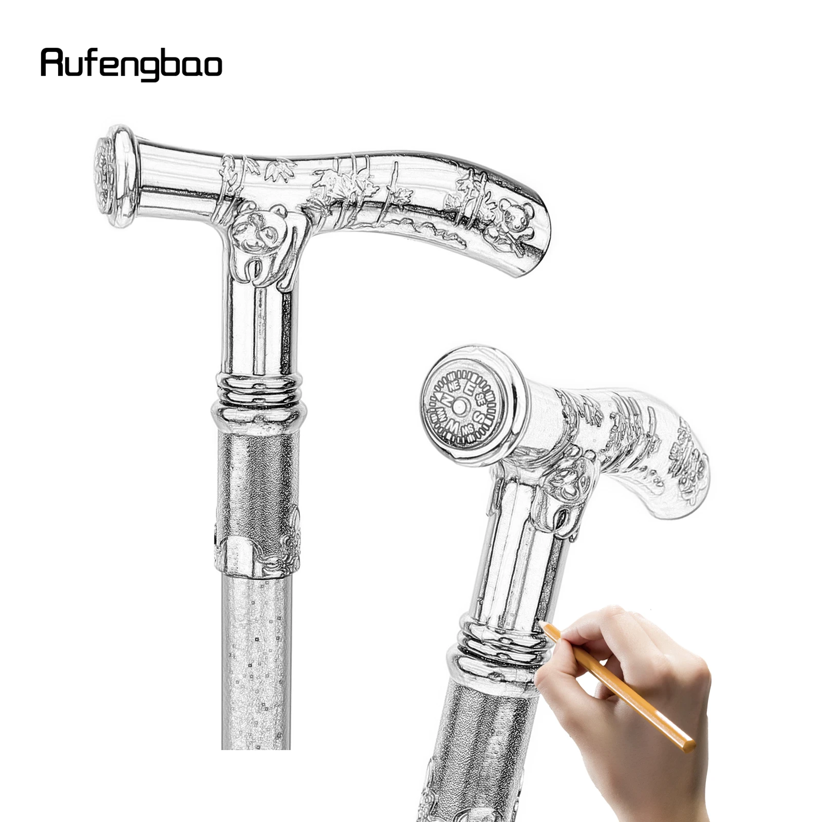 Gold Black Panda Compass Walking Cane Fashion Decorative Walking Stick Gentleman Elegant Cosplay Cane Knob Crosier 93cm