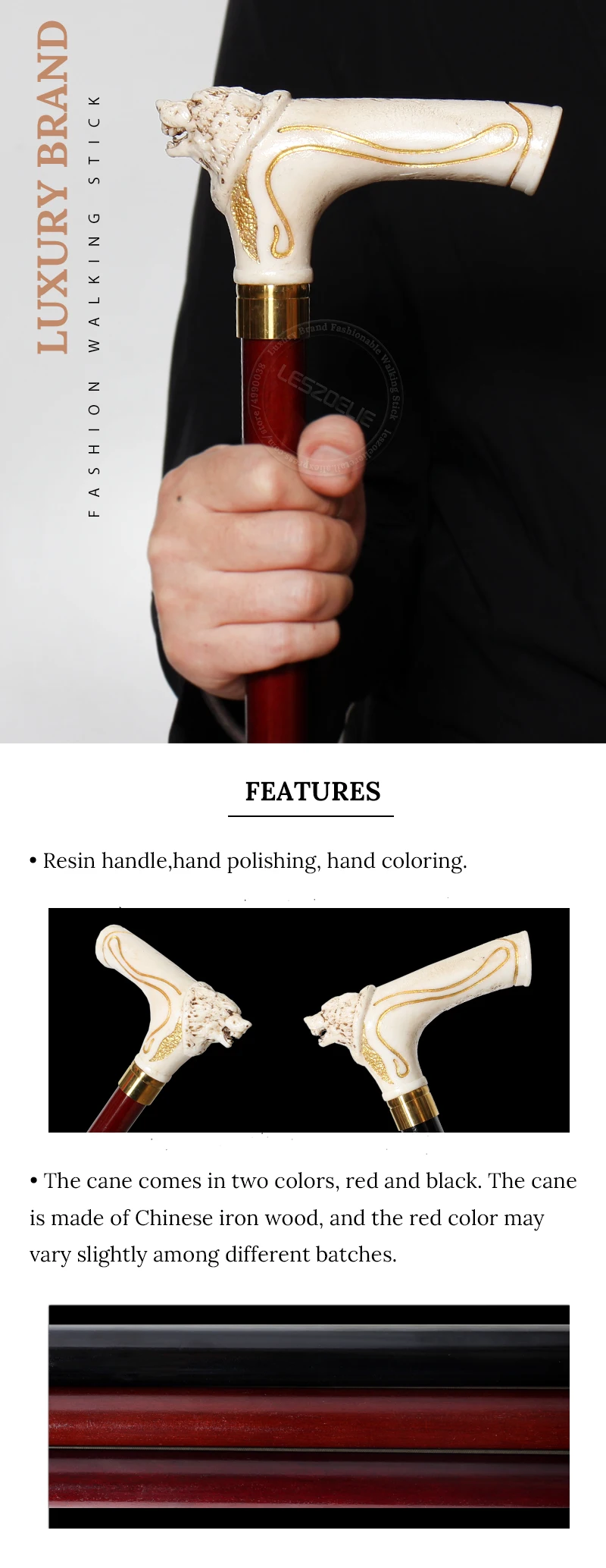 92cm Fashion Wooden Walking Cane with Wolf-Head And Gold Pattern for Men And Women German Beech Wood Stick for Festival Party