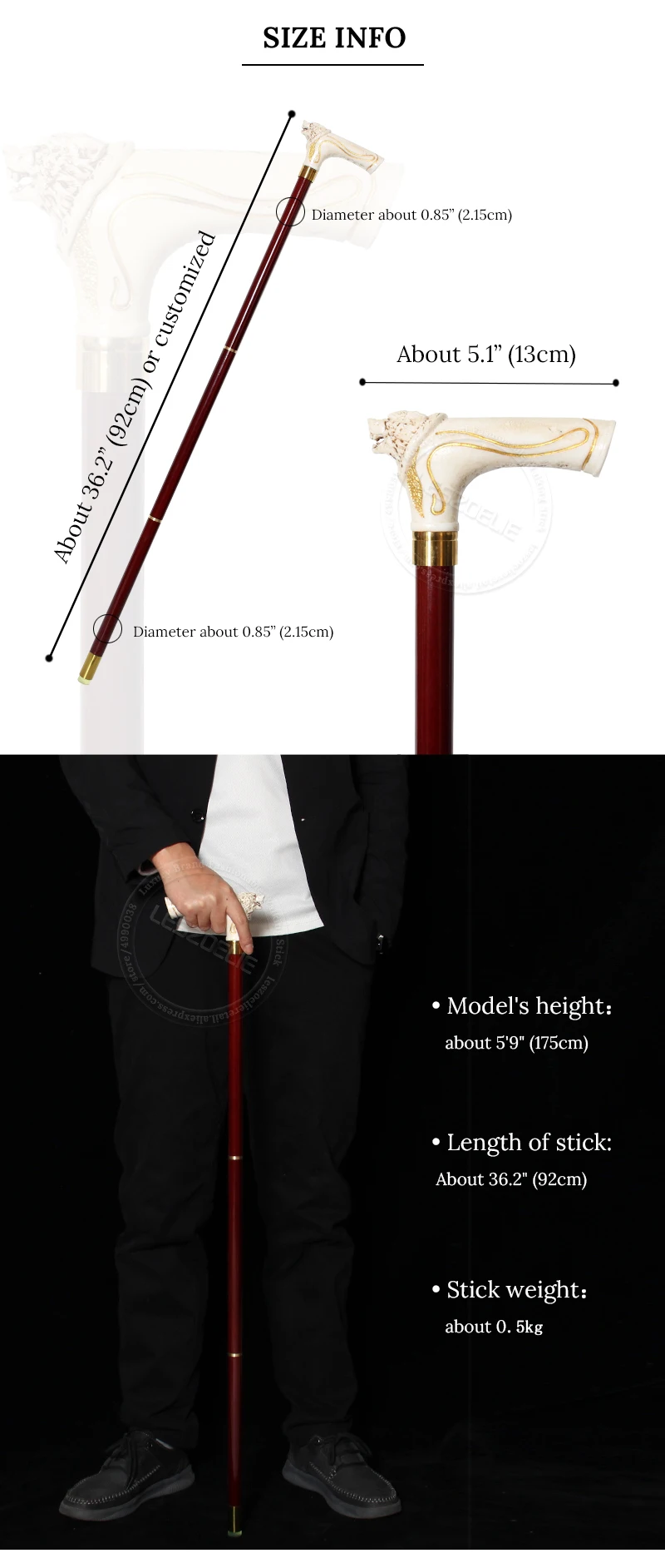 92cm Fashion Wooden Walking Cane with Wolf-Head And Gold Pattern for Men And Women German Beech Wood Stick for Festival Party