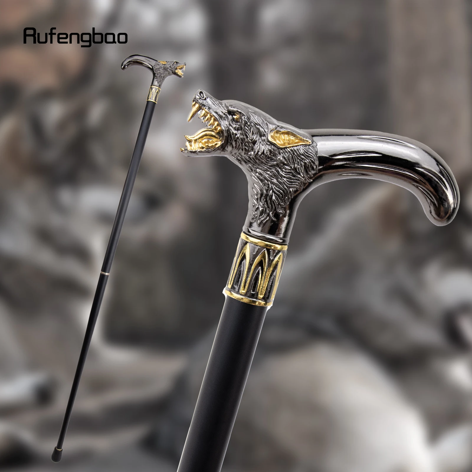 Golden Black Wolf Head Biting Walking Cane Fashion Decorative Walking Stick Gentleman Elegant Cosplay Cane Knob Crosier 93cm