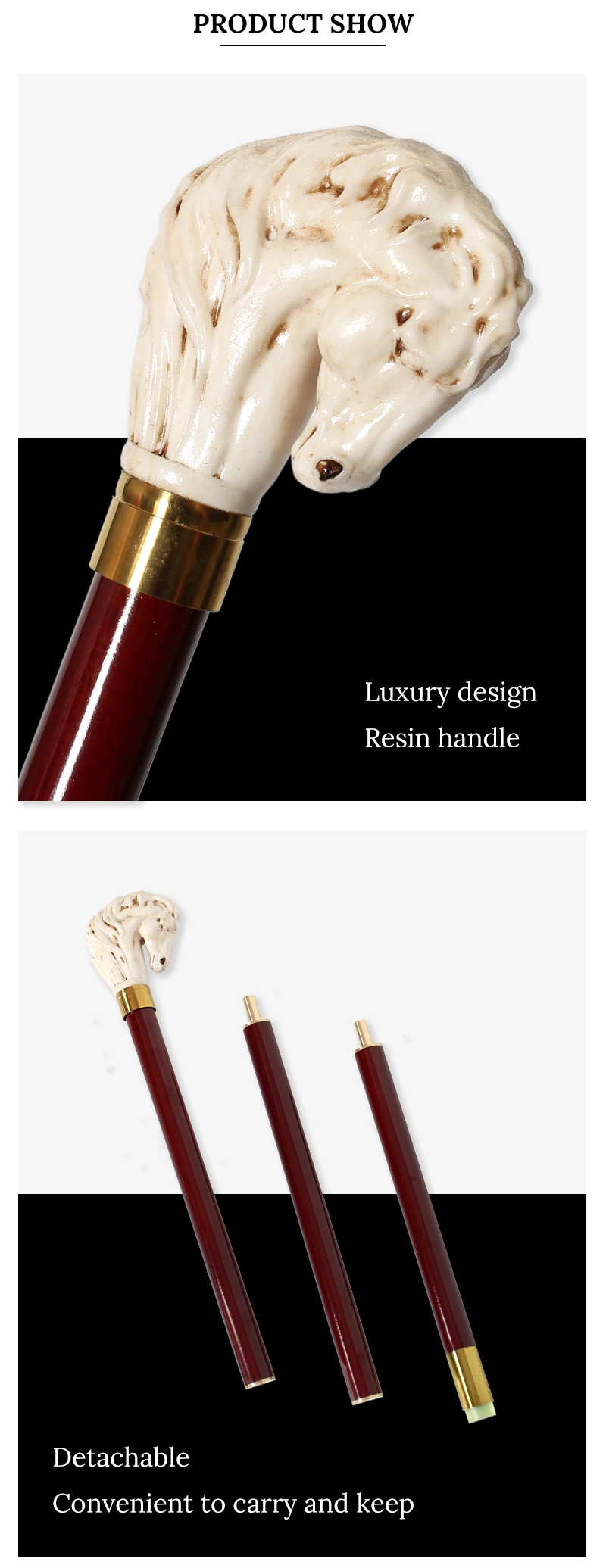 Horse-Head Stick Series Man Alloy And Resin Horse Head With Iron And Red Wooden Walking Cane For Woman Fashionable Canes