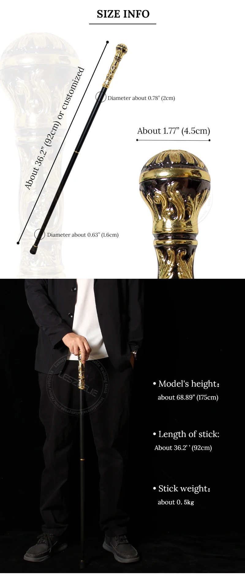 93cm Luxury Gold With Black Detachable Walking Stick Man Fashion Walking Cane Lady Party Sticks Elegant Vintage Walking Cane