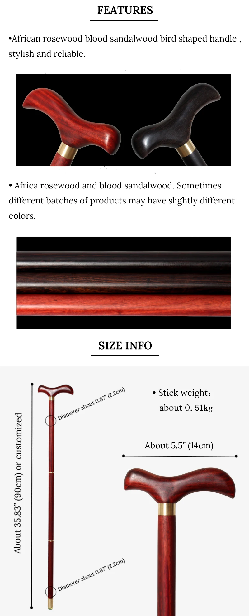 Luxury Red Bird Shaped Handle African Wooden Walking Stick 2.2cm Diameter Slim Fashionable Men's And Elegant Women's Canes